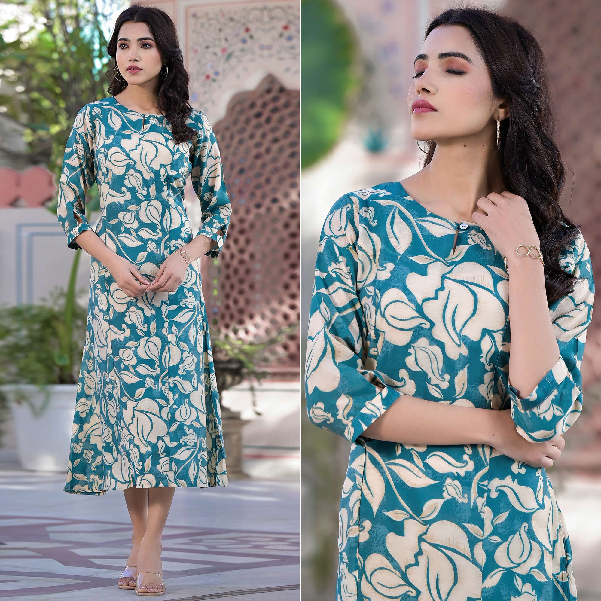 Turquoise Floral Printed Chanderi Silk Dress