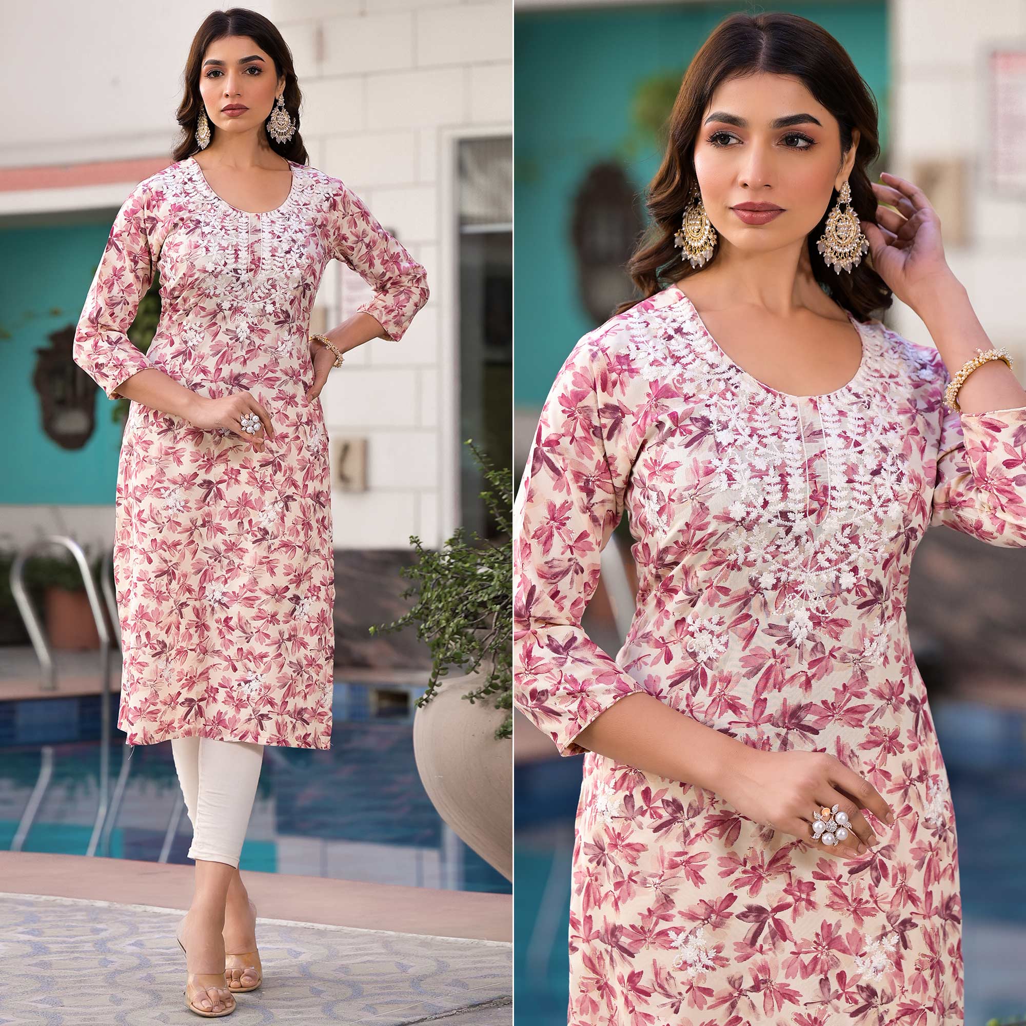 Pink Chikankari Embroidery Rayon Straight Kurti