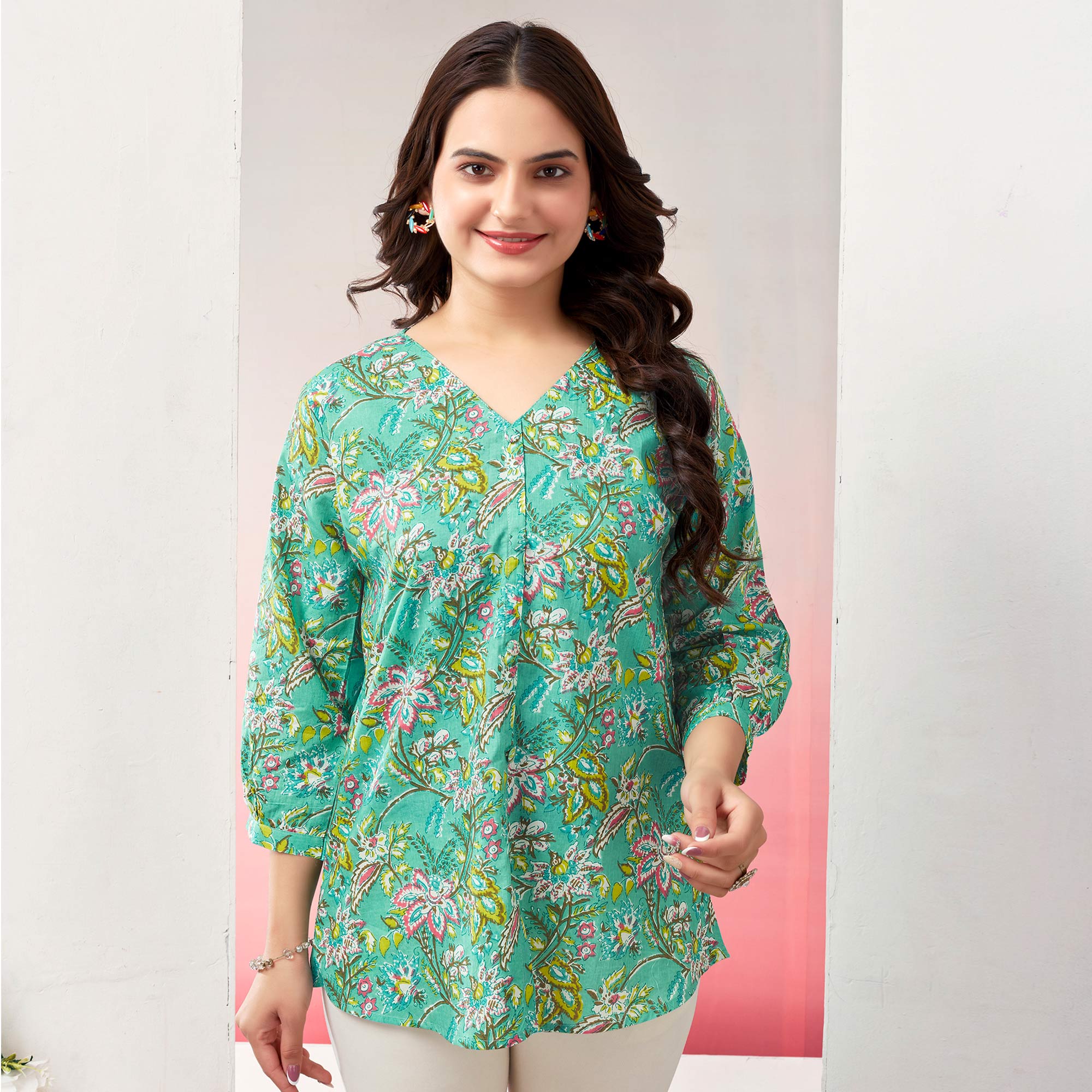 Turquoise Floral Printed Pure Cotton Top