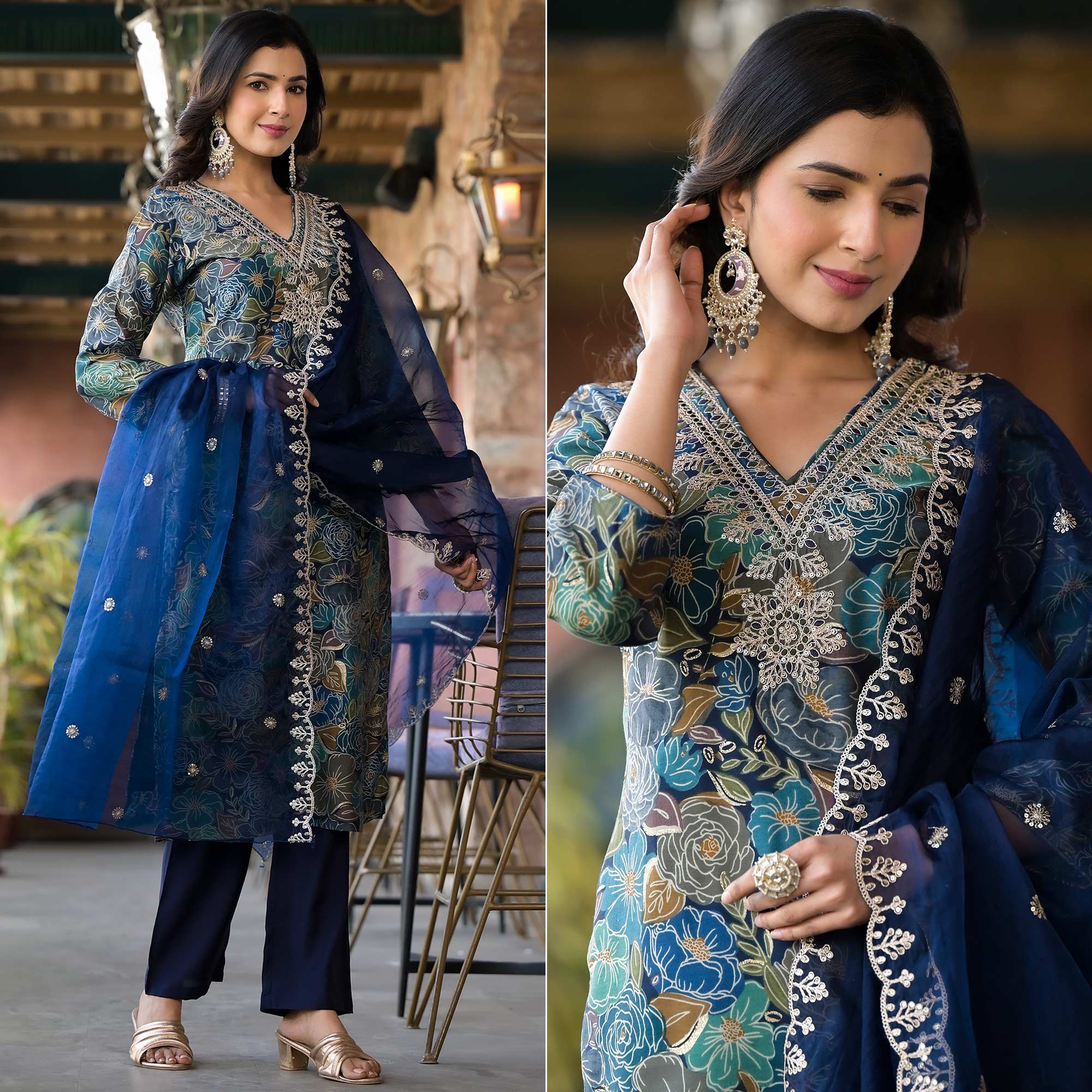 Navy Blue Floral Printed Chanderi Silk Salwar Suit With Sequins Work