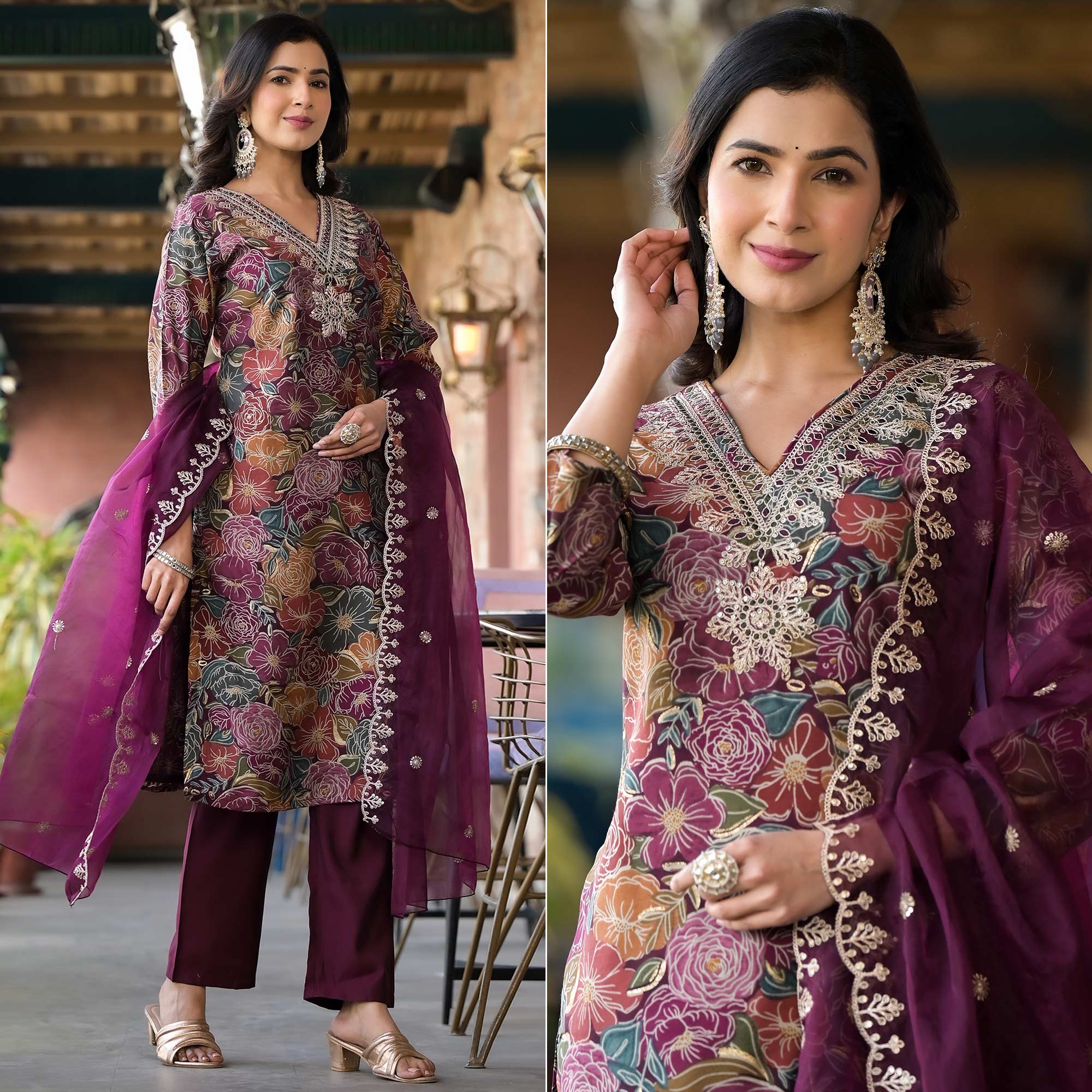 Wine Floral Printed Chanderi Silk Salwar Suit With Sequins Work