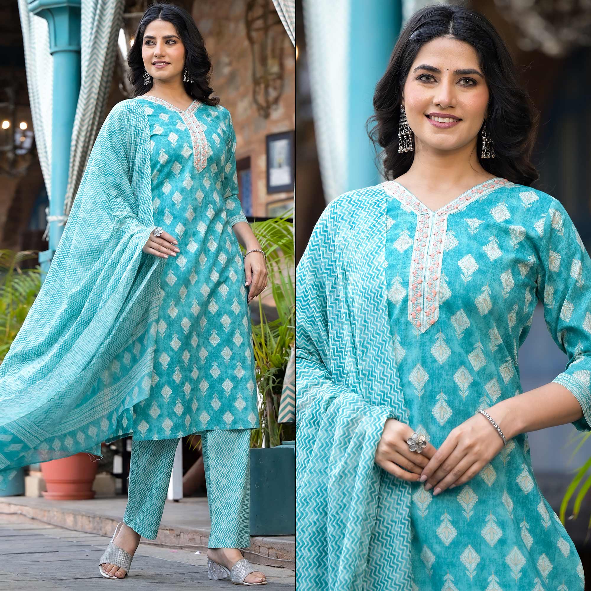 Turquoise Printed Pure Cotton Salwar Suit With Handcrafted