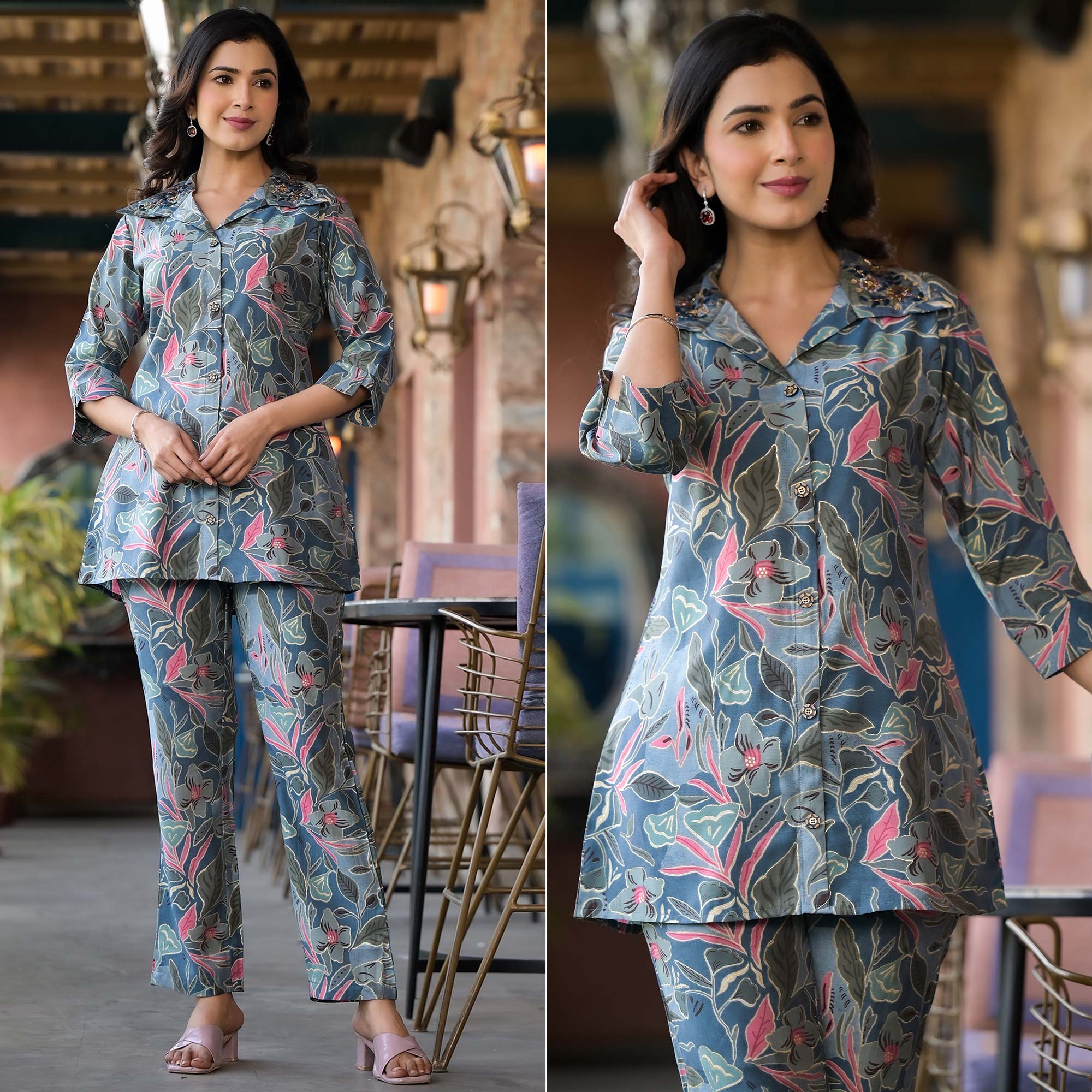 Denim Blue Floral Printed Chanderi Silk Co-Ord Sets With Handcrafted