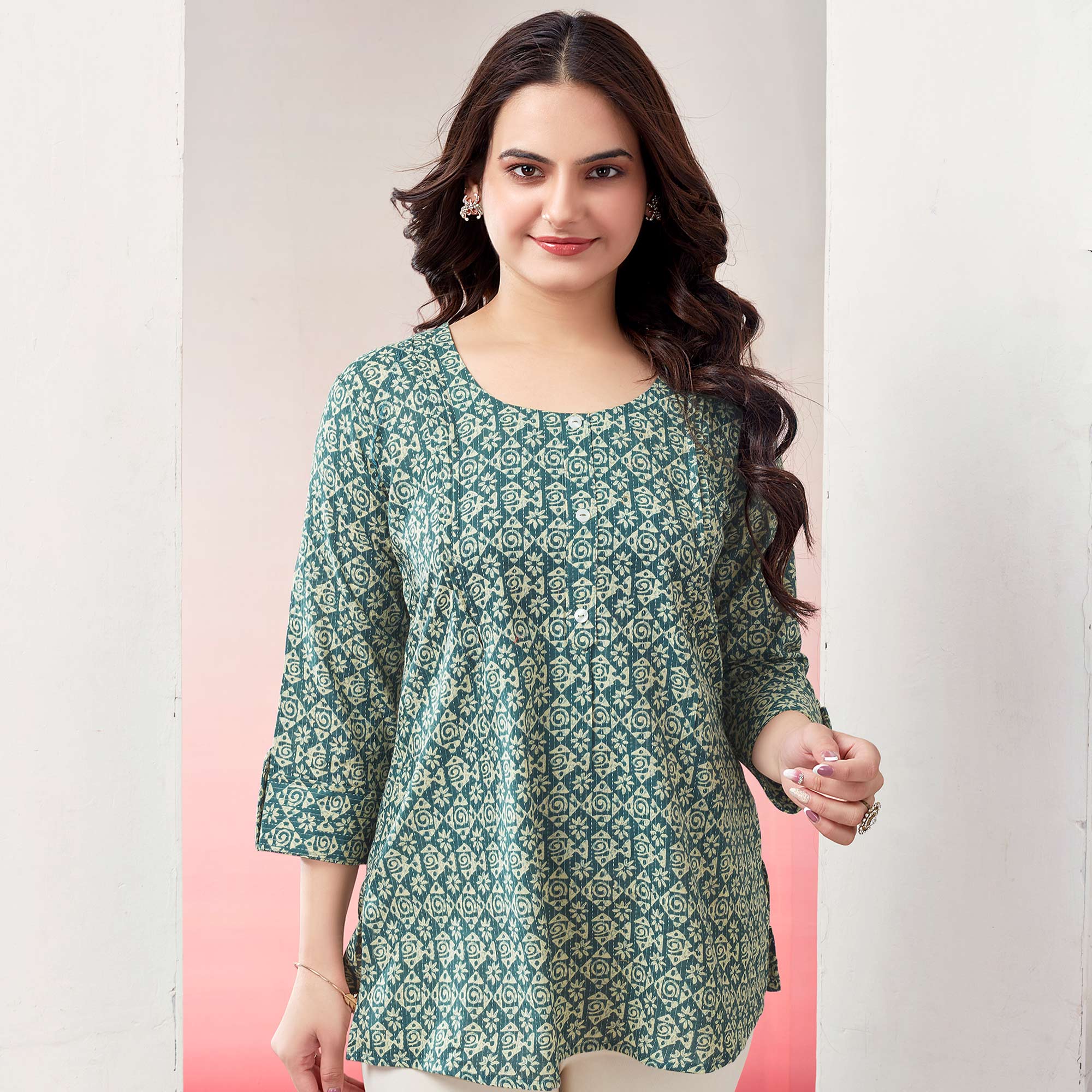 Green Printed Pure Cotton Straight Top