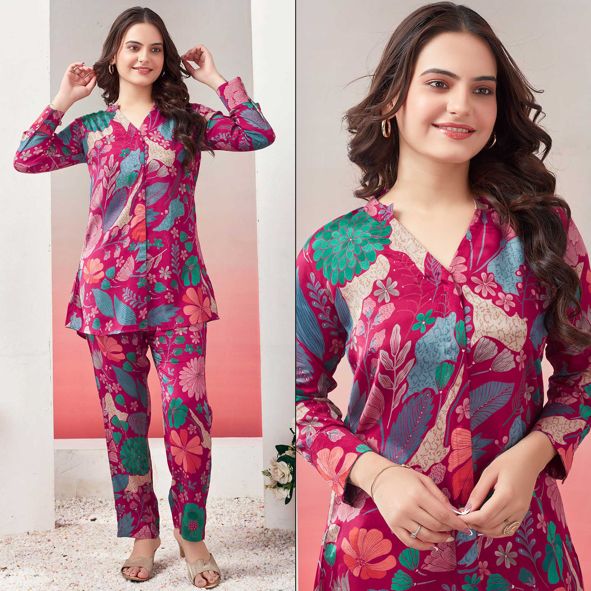 Pink Floral Printed Muslin Co Ord Set