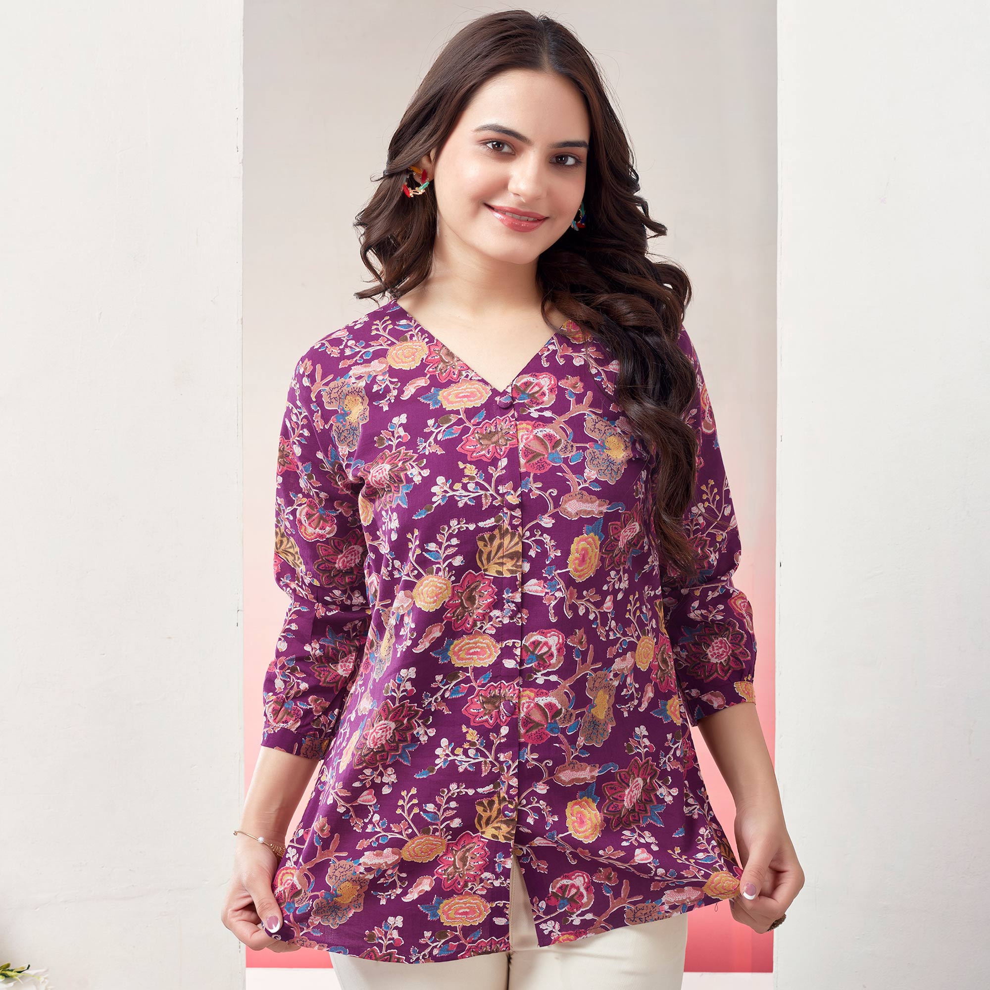 Purple Floral Printed Pure Cotton Top