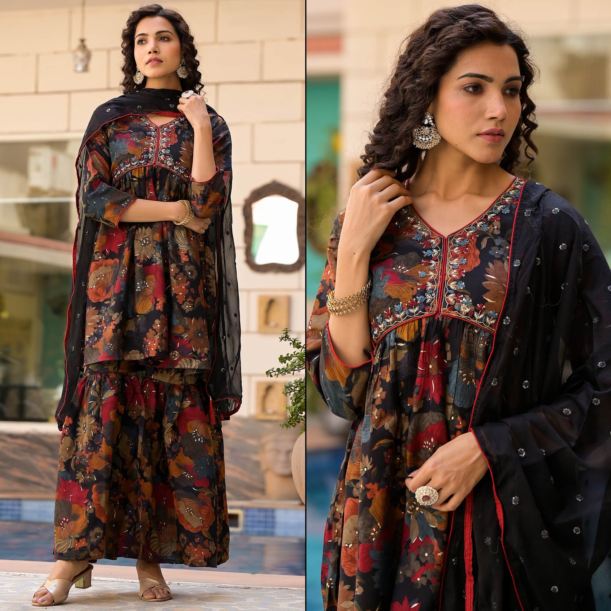 Black Floral Foil Printed Chanderi Silk Sharara Suit