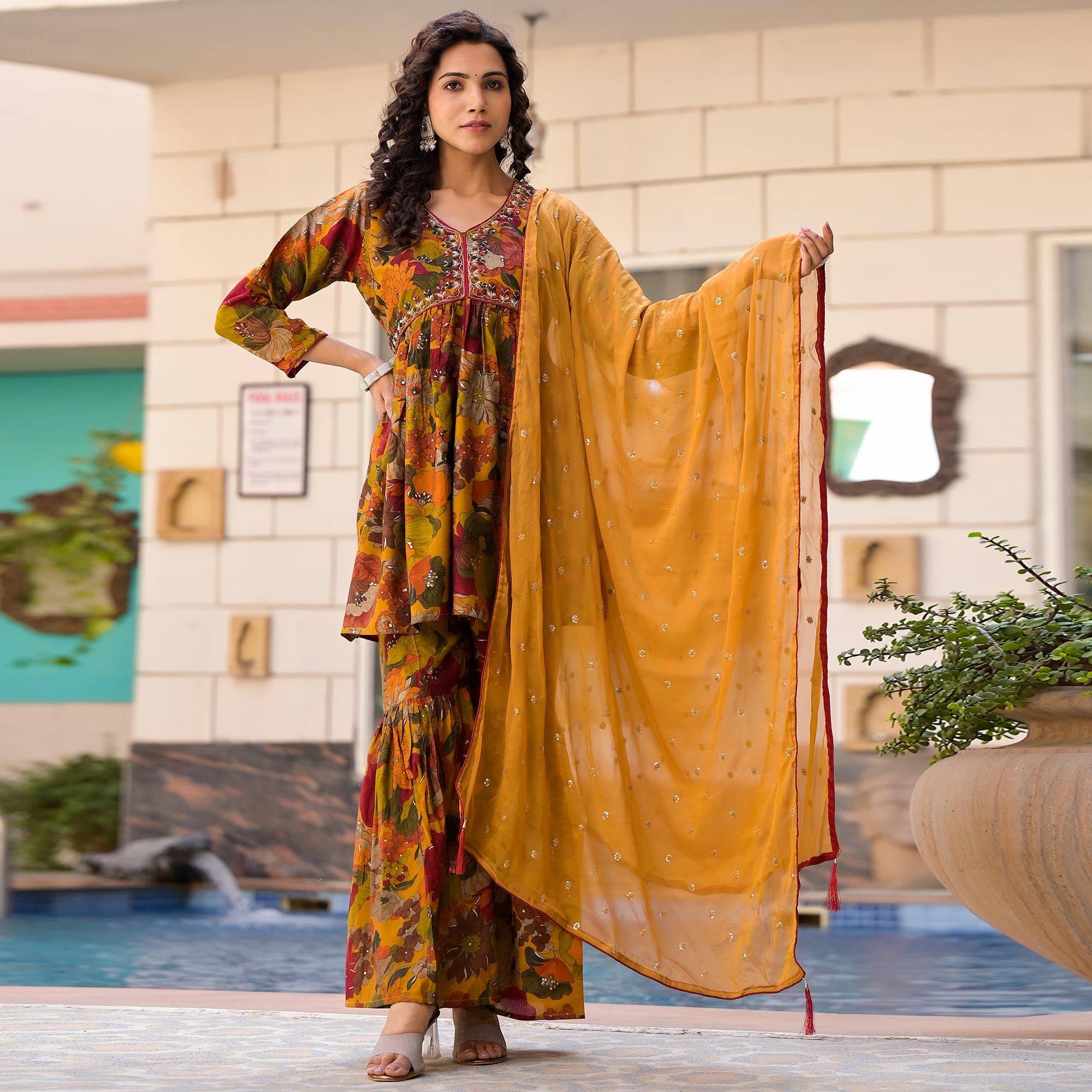 Mustard Floral Foil Printed Chanderi Silk Sharara Suit