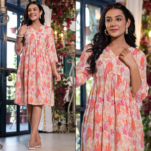 Off White Printed A-Line Chiffon Dress