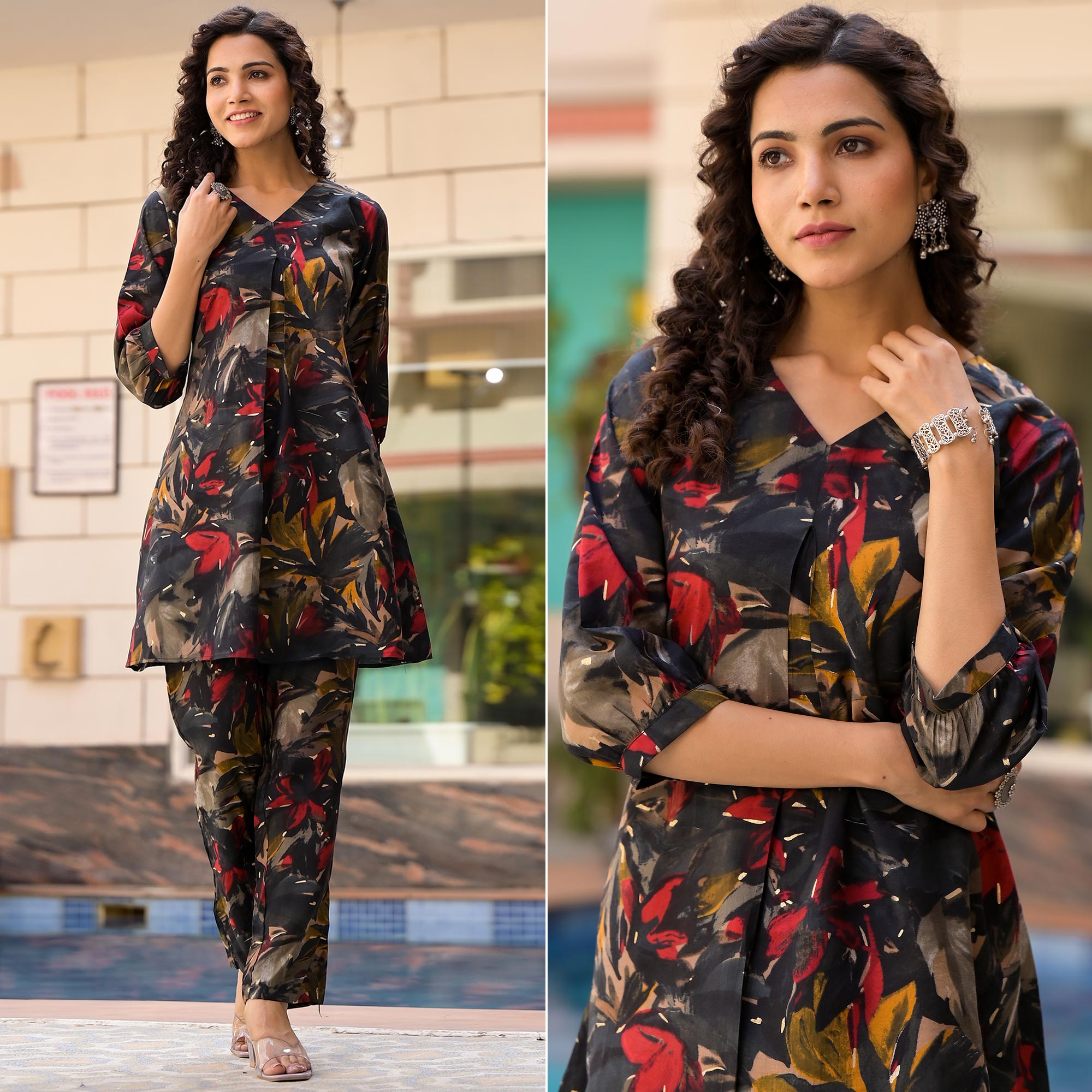 Black Floral Printed Chanderi Silk Co Ord Set