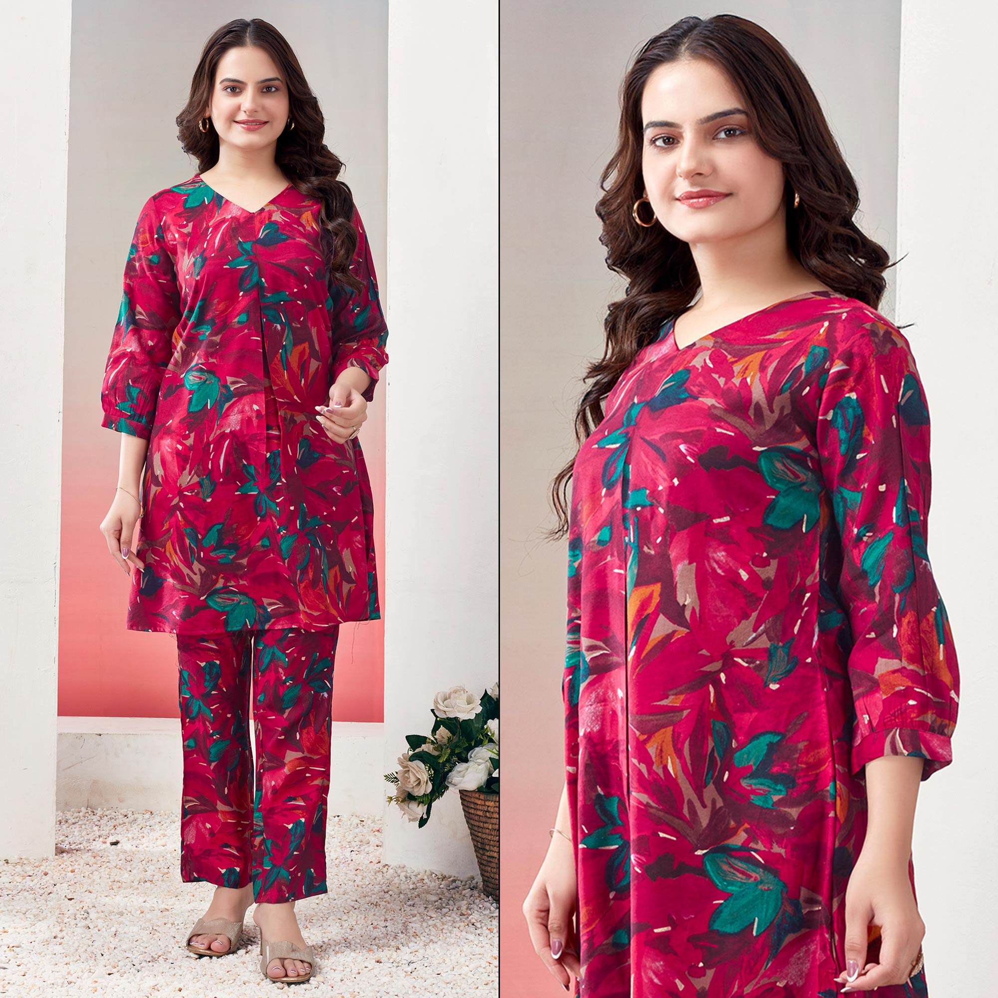 Pink Printed Silk Blend Co-Ord Sets main image 0