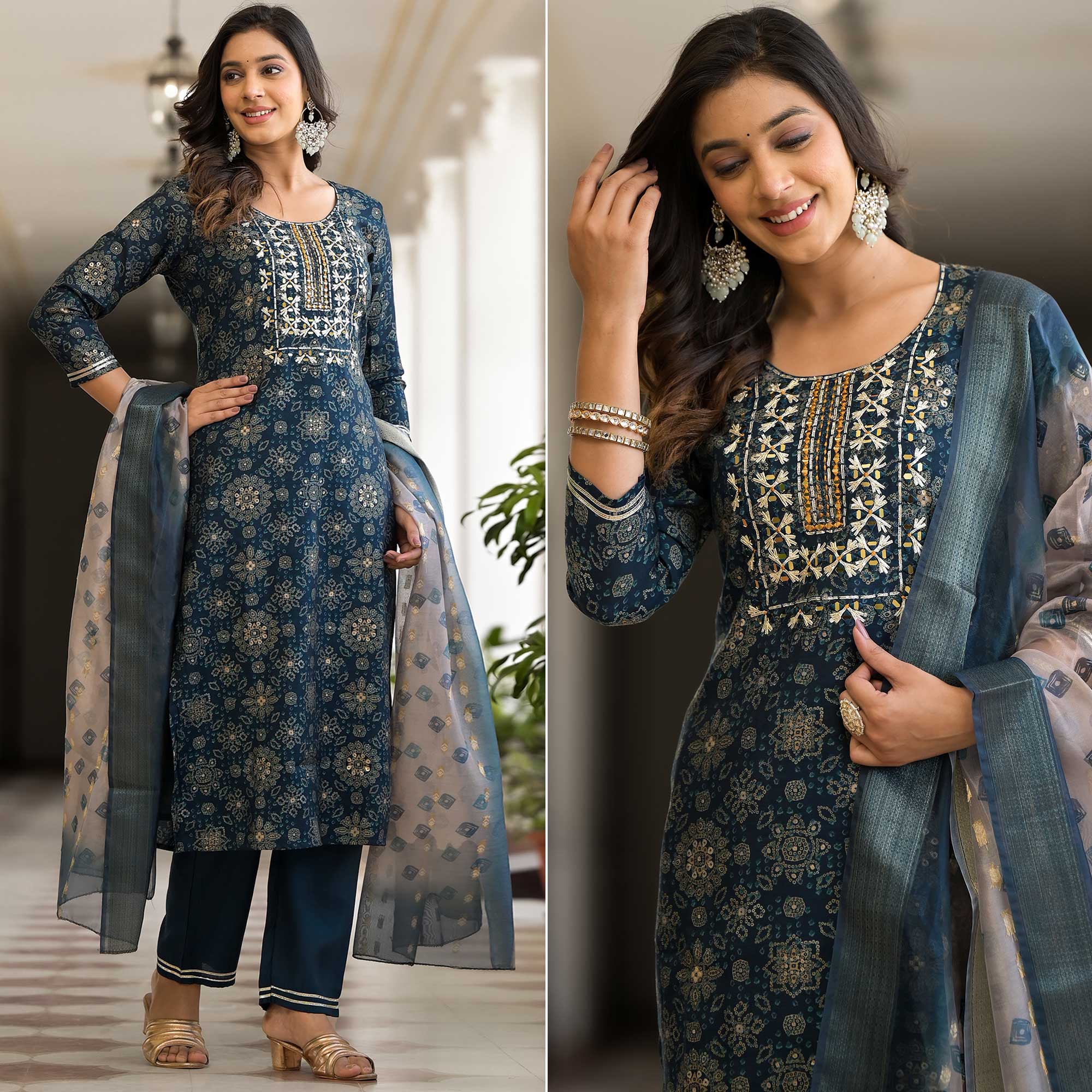 Navy Blue Bandhani Printed Chanderi Silk Straight Salwar Suit
