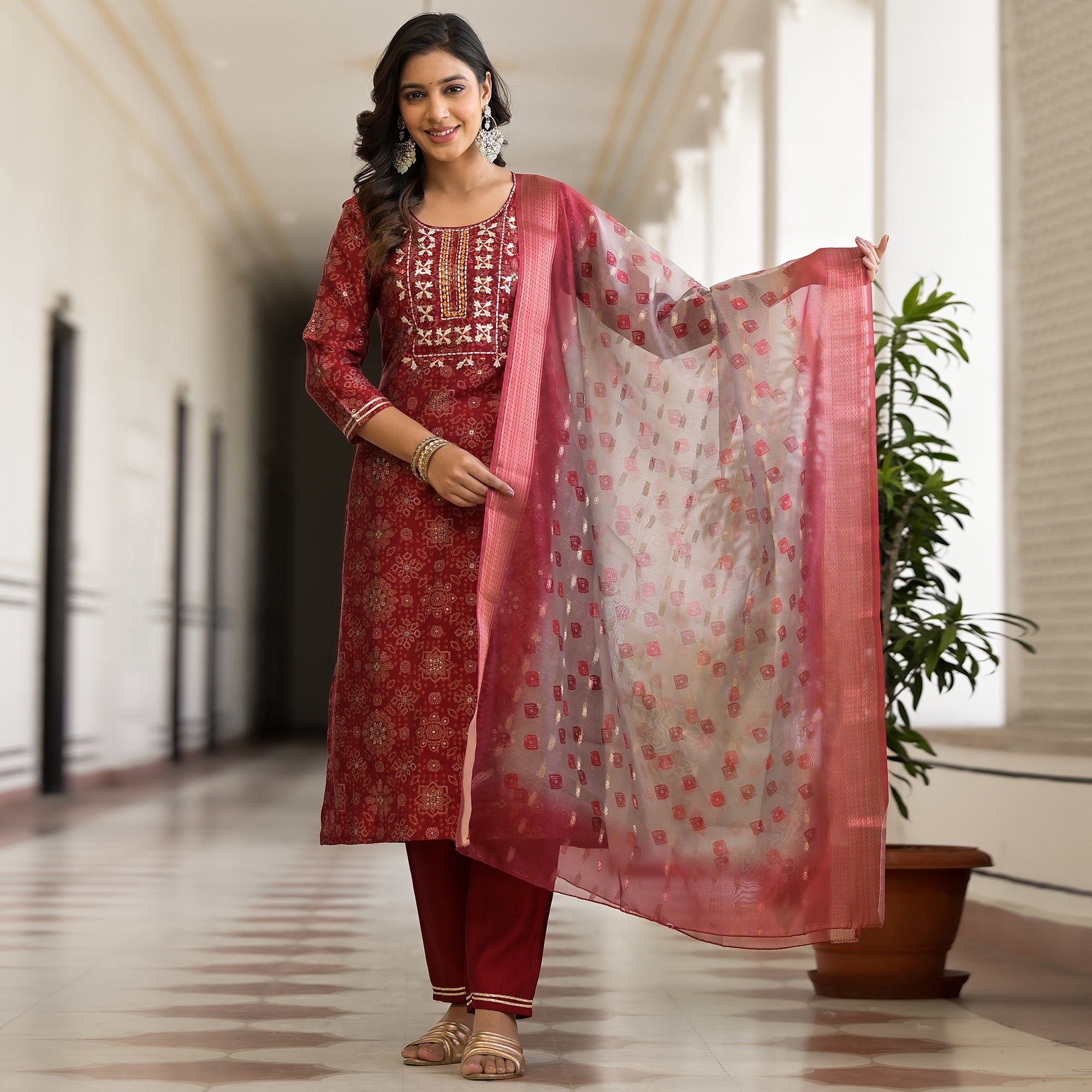 Red Bandhani Printed Chanderi Silk Straight Salwar Suit