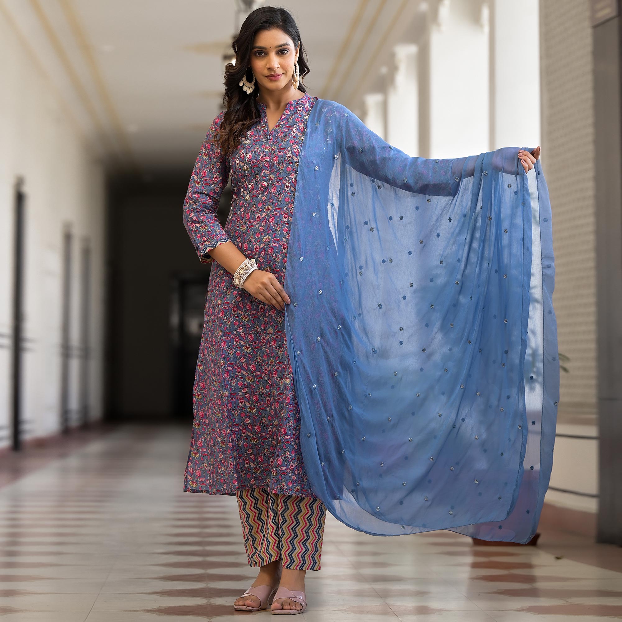 Blue Floral Printed Pure Cotton Straight Salwar Suit