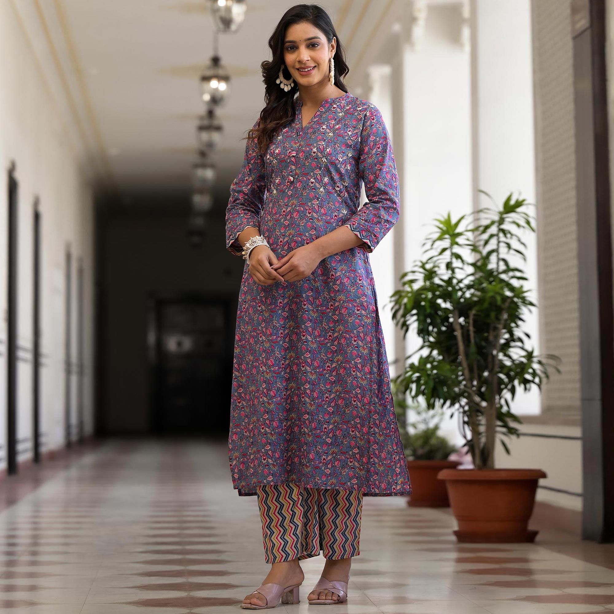 Blue Floral Printed Pure Cotton Straight Kurti