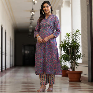 Blue Floral Printed Pure Cotton Straight Kurti