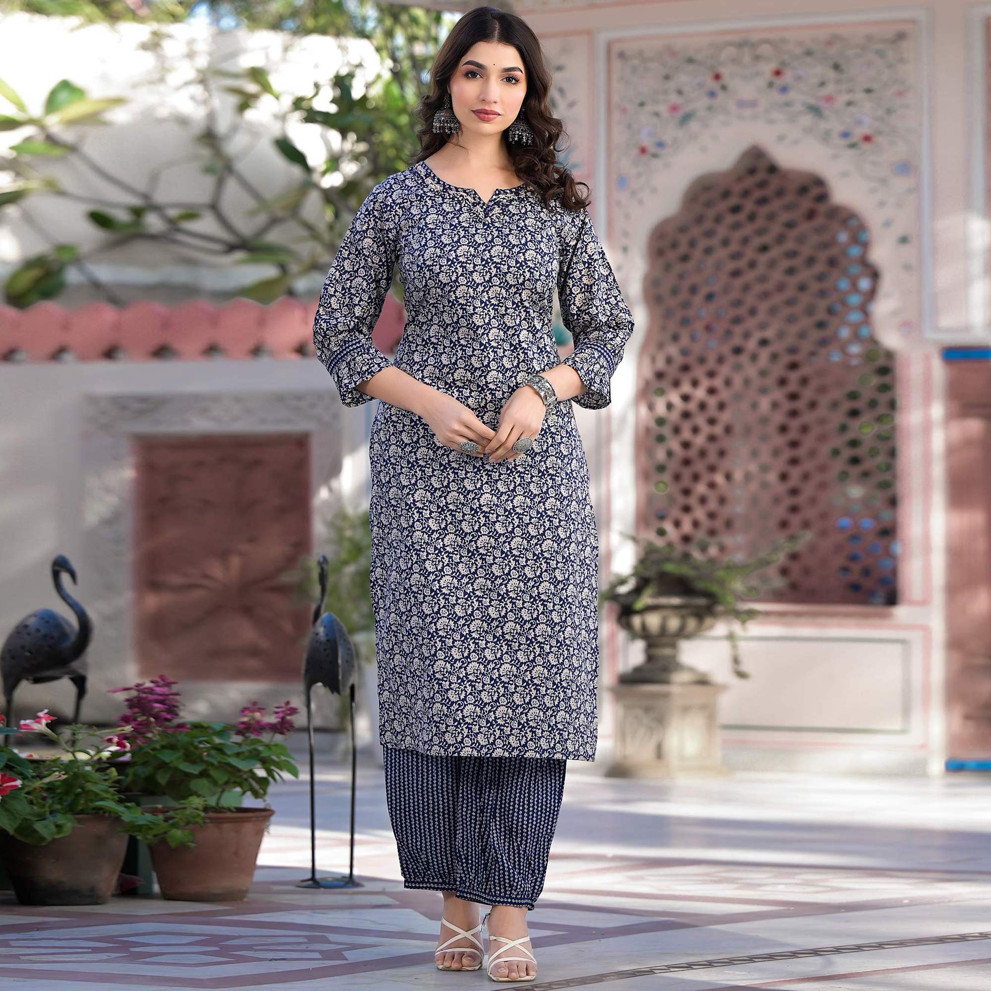 Blue Floral Printed Pure Cotton Kurti