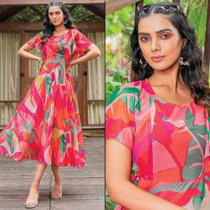 Pink Digital Abstract Printed Chiffon Dress