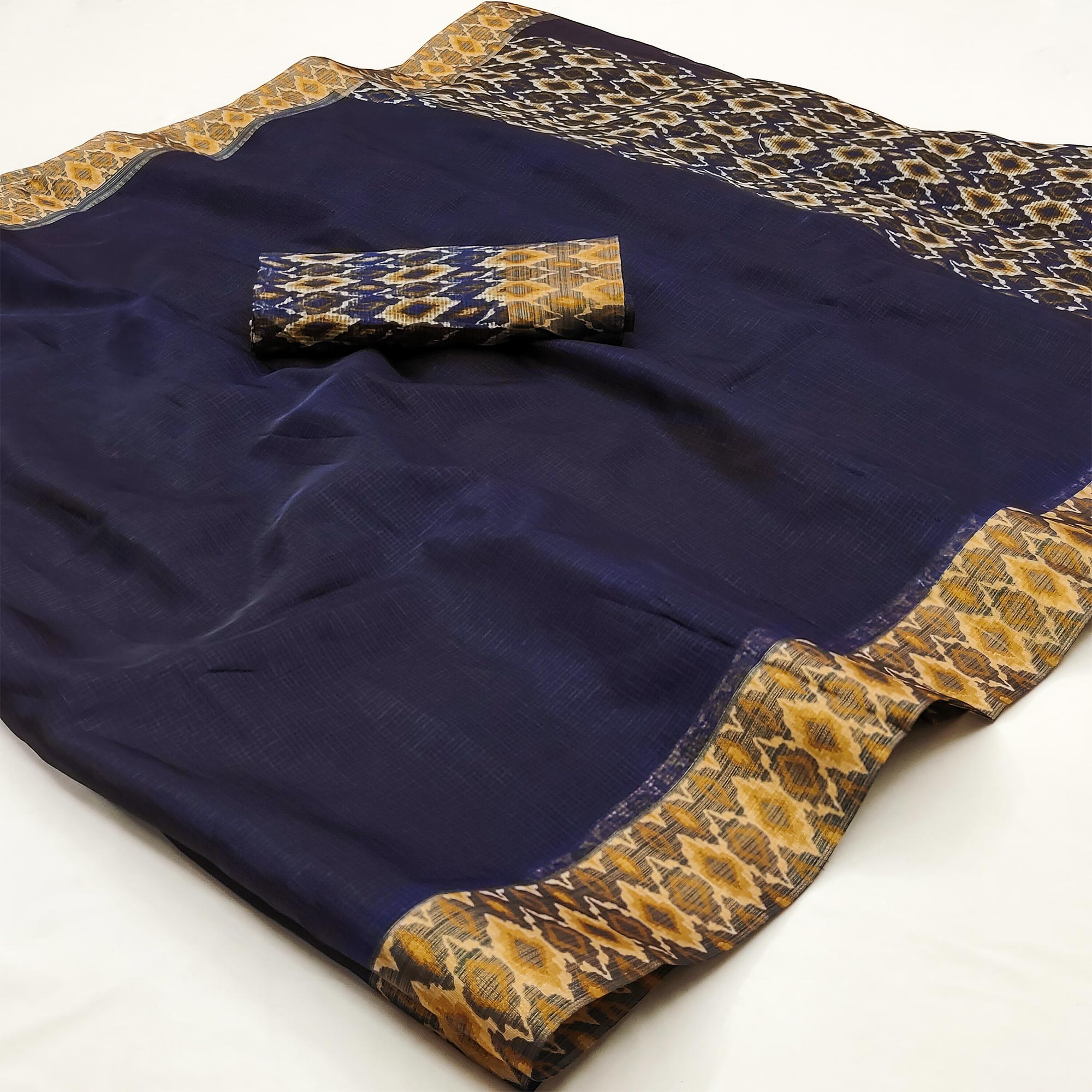 Navy Blue Printed Pure Cotton Saree