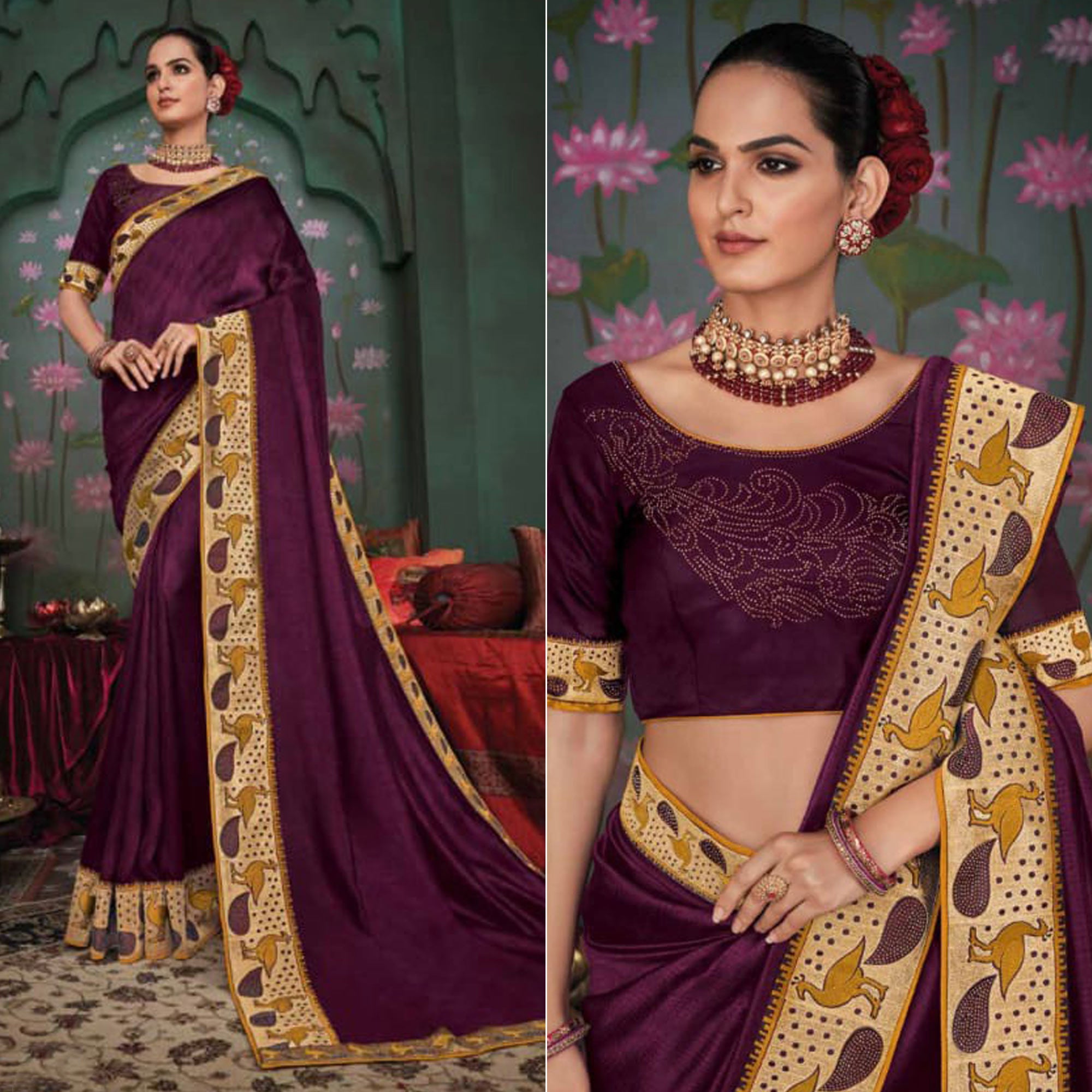 Wine Solid With Embroidered Border Modal Saree
