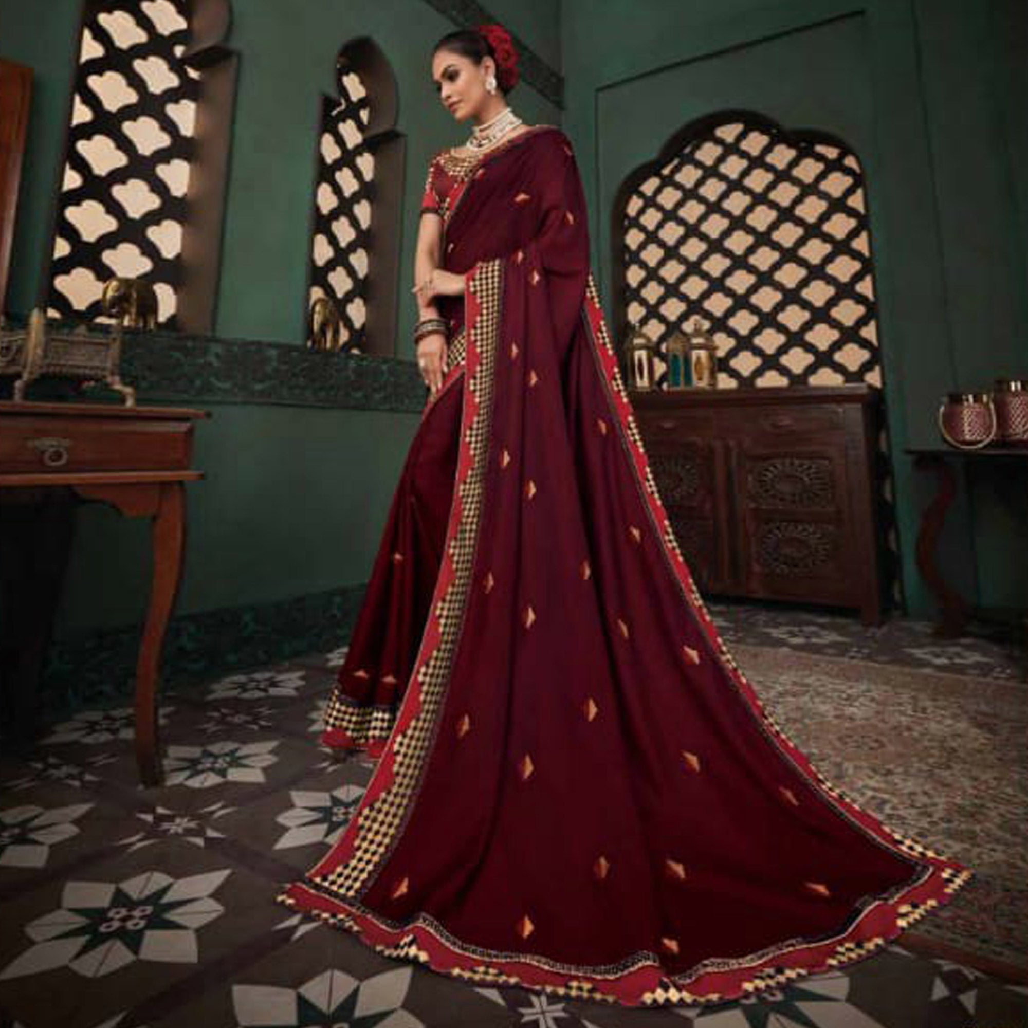 Maroon Embroidered Satin Saree