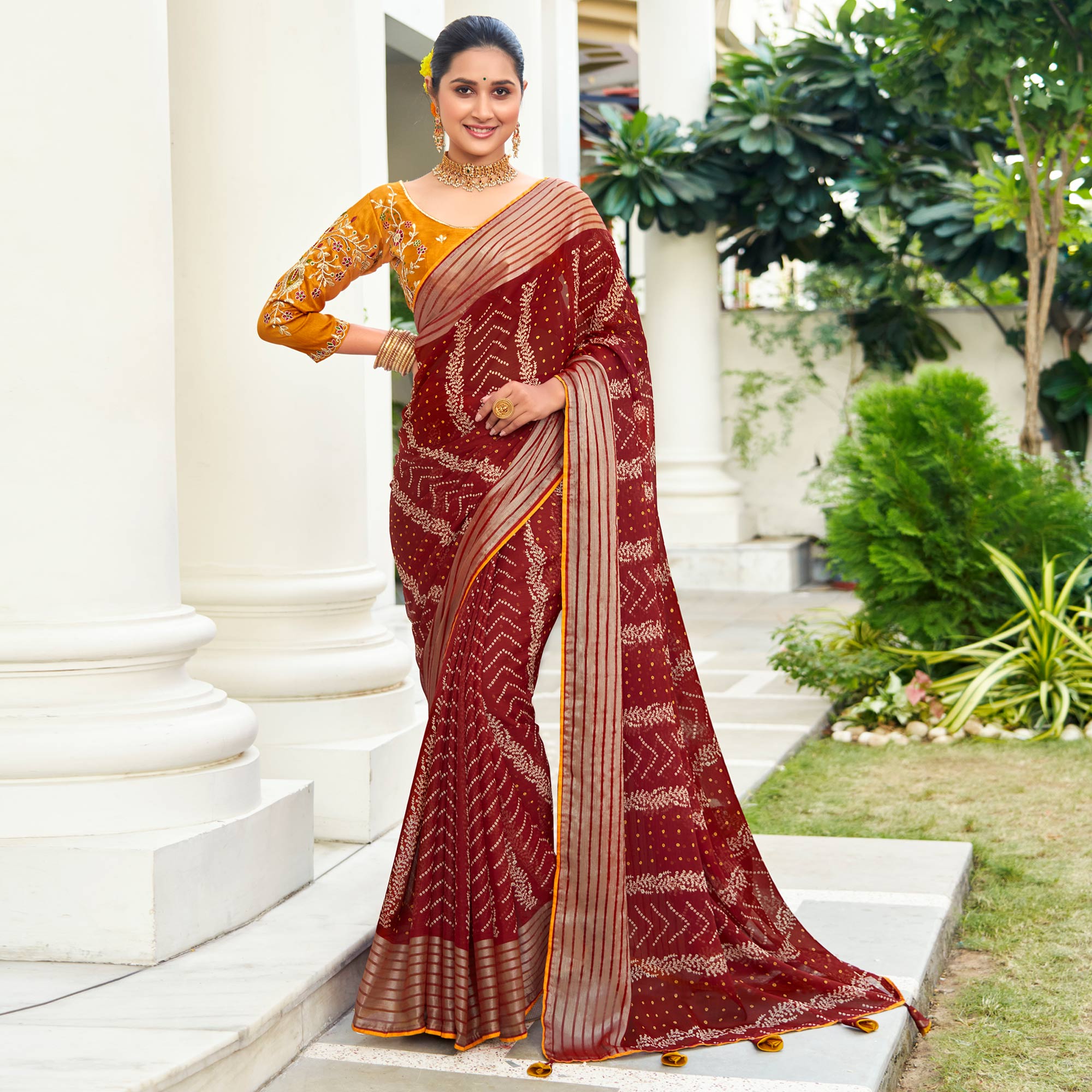 Maroon Bandhani Printed Chiffon Saree With Tassels