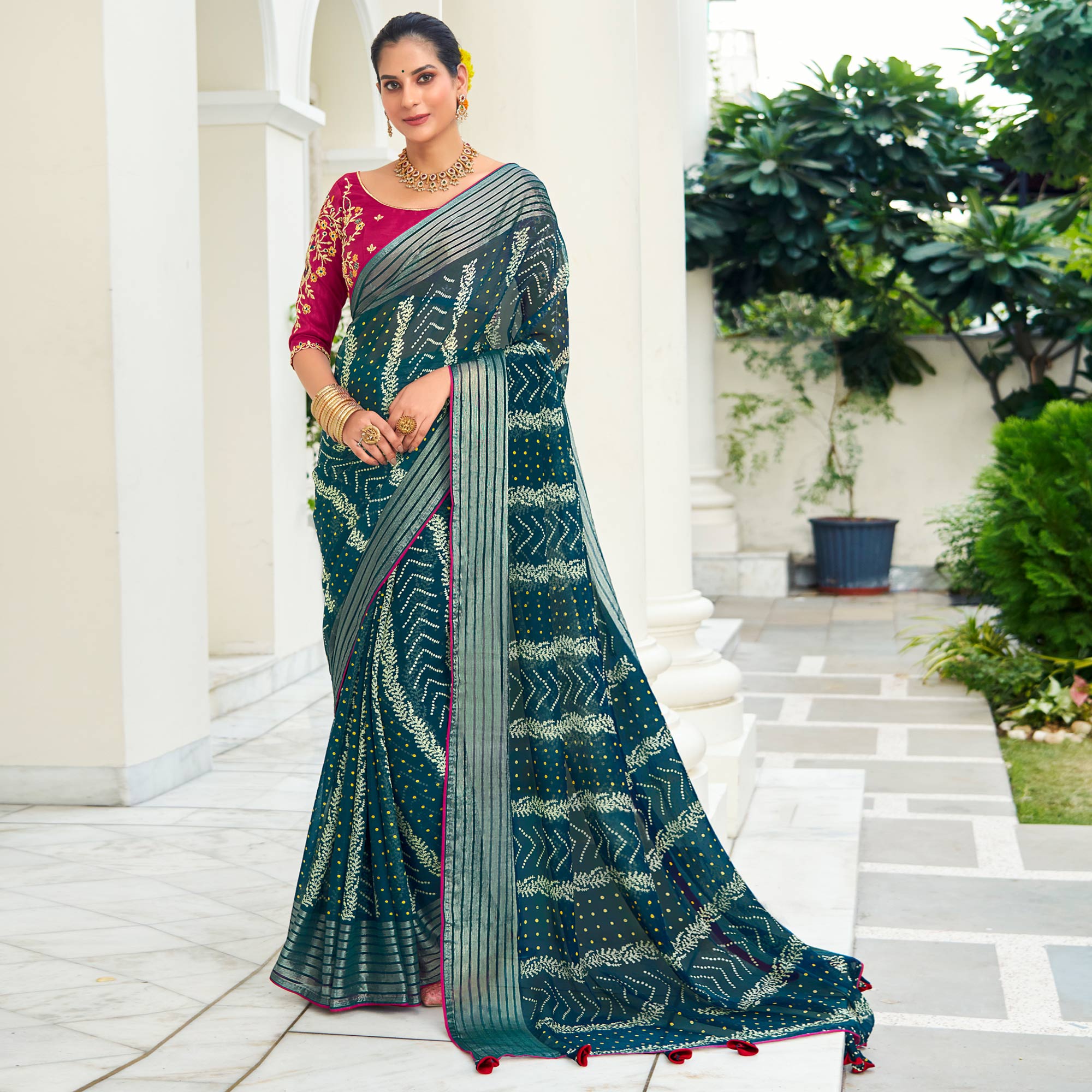 Teal Bandhani Printed Chiffon Saree With Tassels