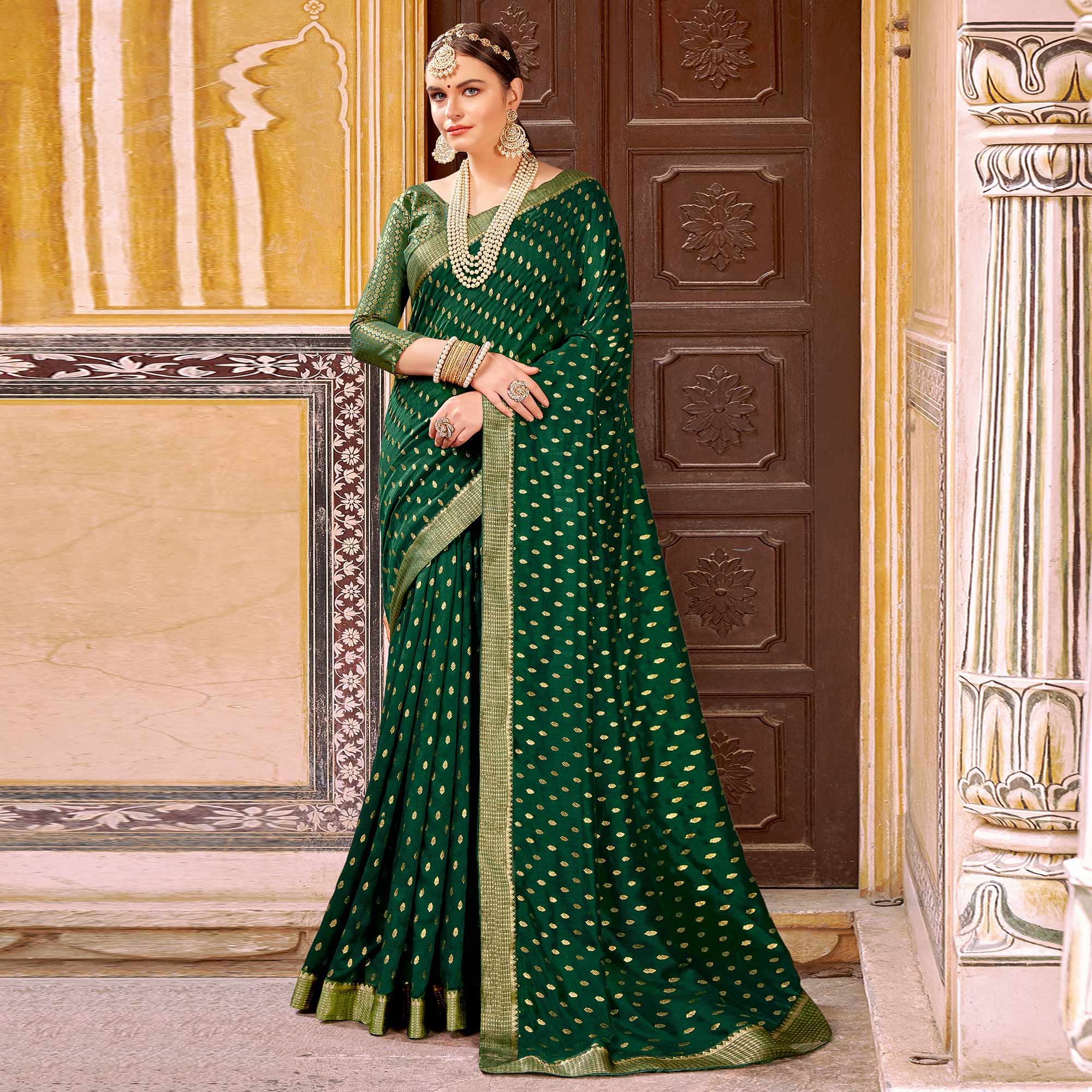 Green Foil Printed Vichitra Silk Saree