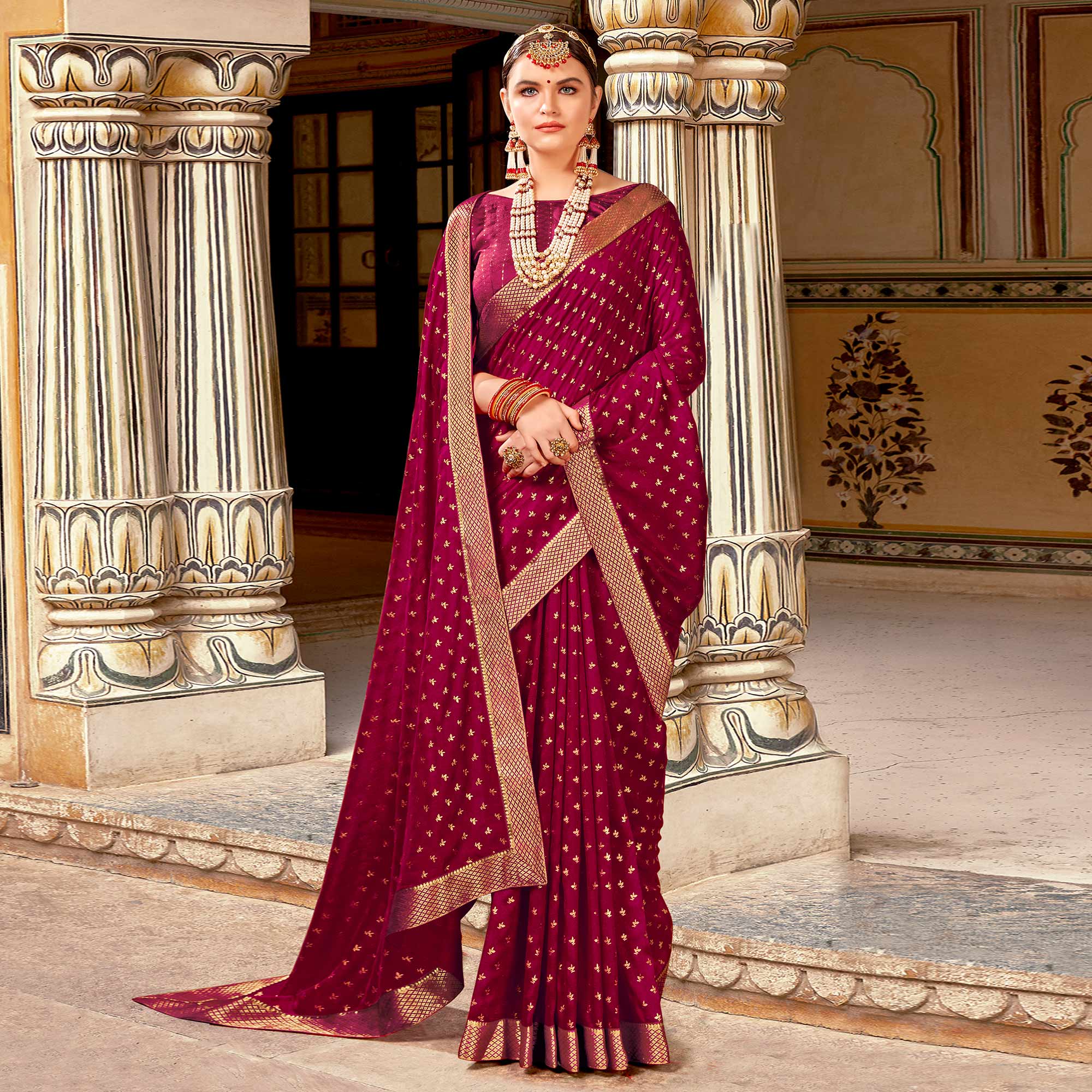 Magenta Foil Printed Vichitra Silk Saree