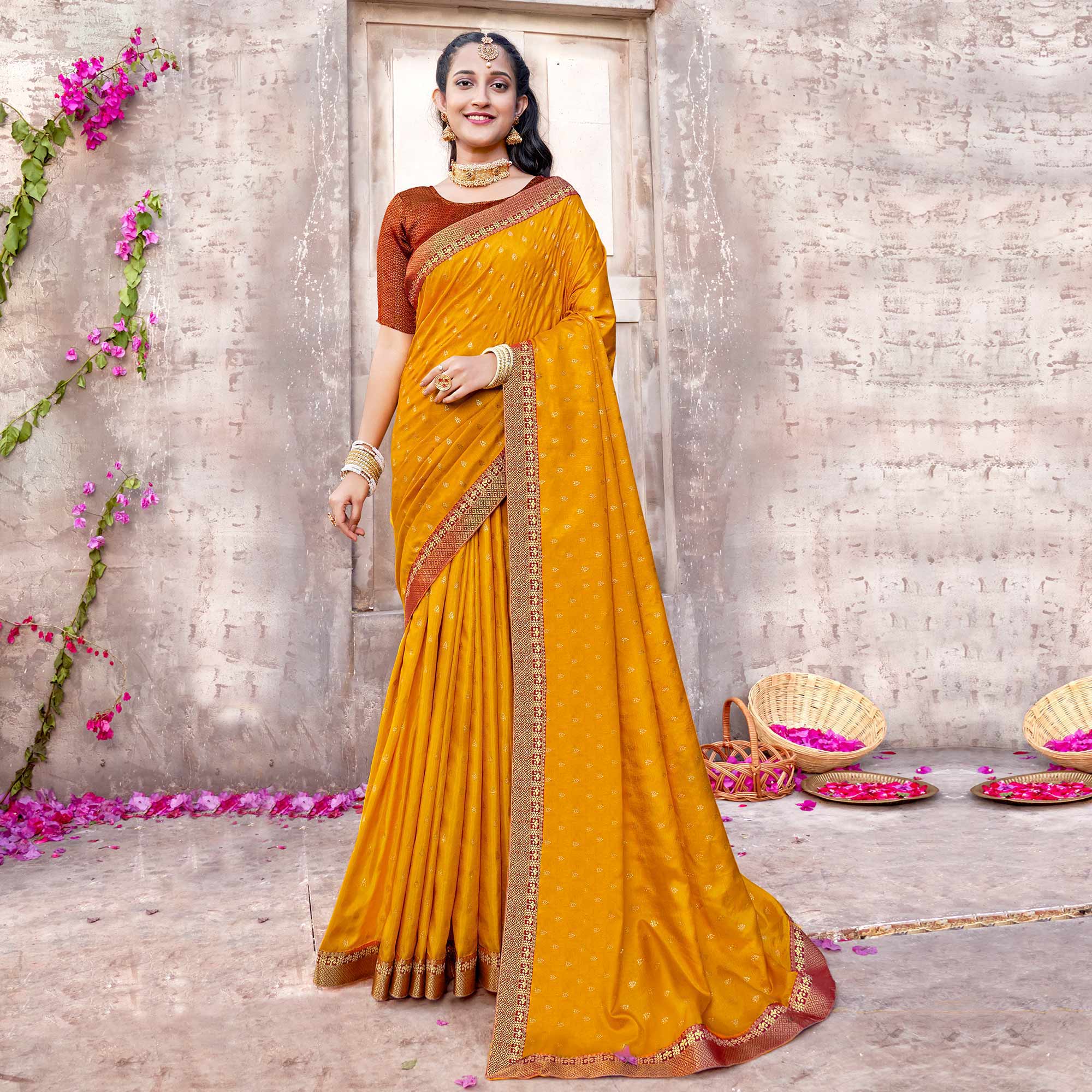 Mustard Floral Foil Printed Vichitra Silk Saree