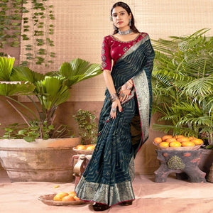 Dark Teal Zari Printed Cotton Silk Saree With Tassels
