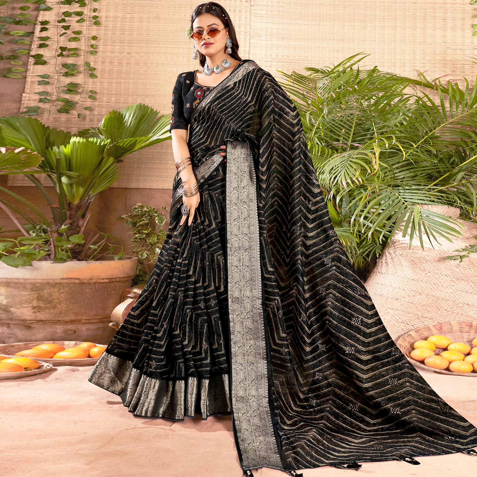 Black Zari Printed Cotton Silk Saree With Tassels