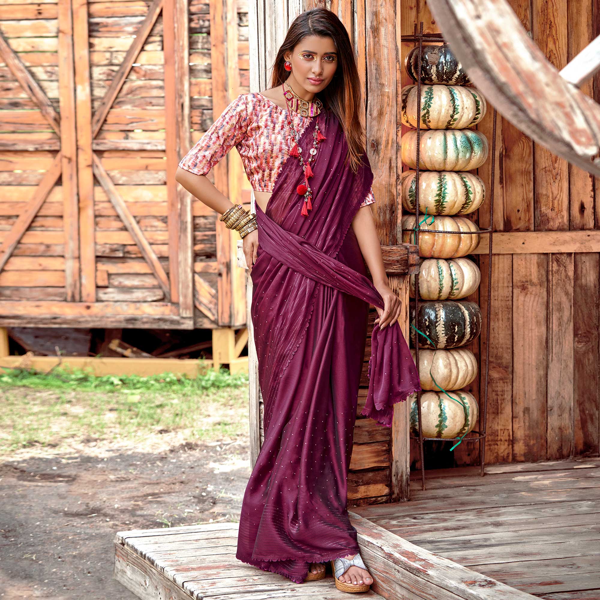 Wine Swarovski Work Solid Chiffon Saree