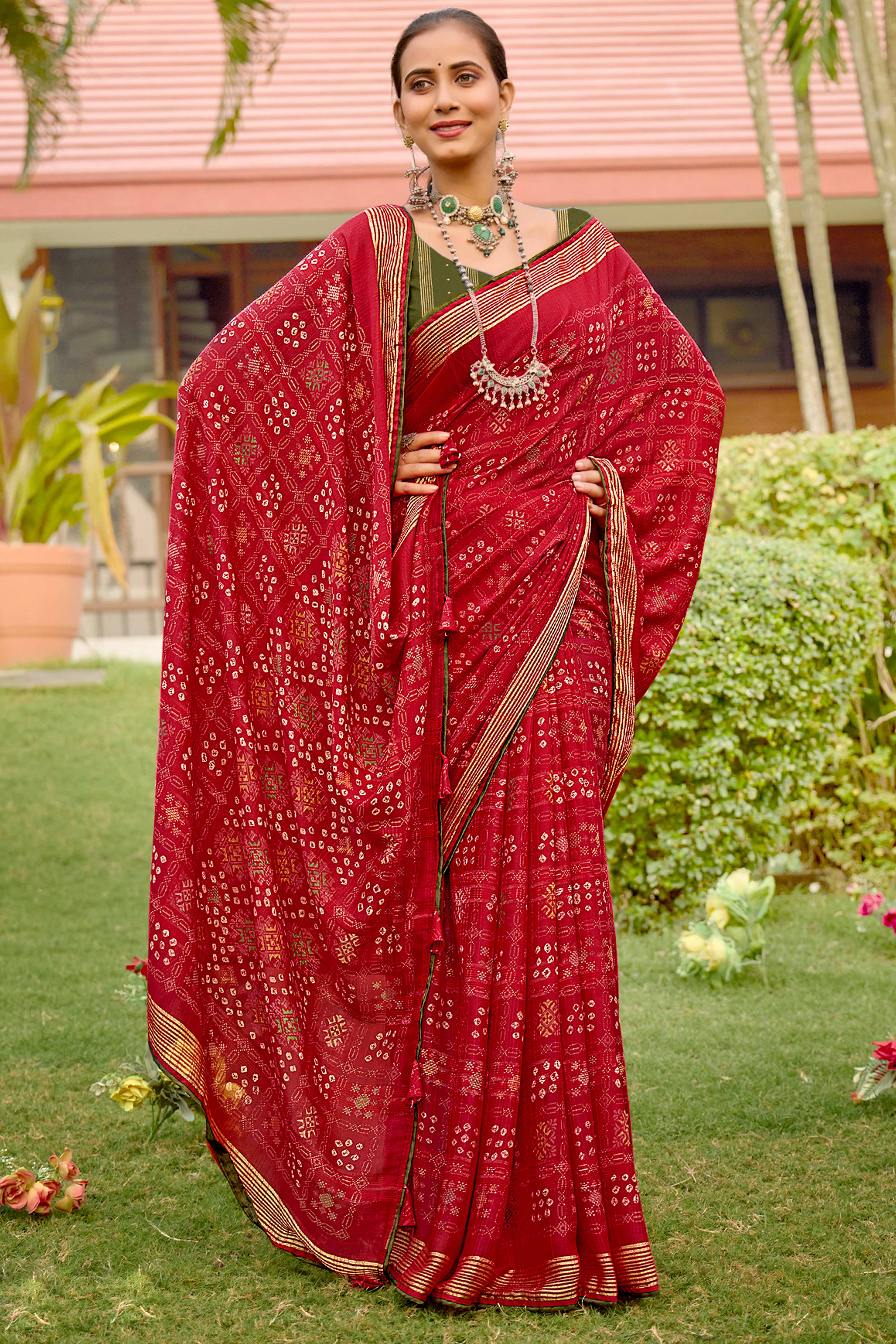 Elegant Red Bandhani Printed Saree in Lightweight Shimmer Chiffon Fabric