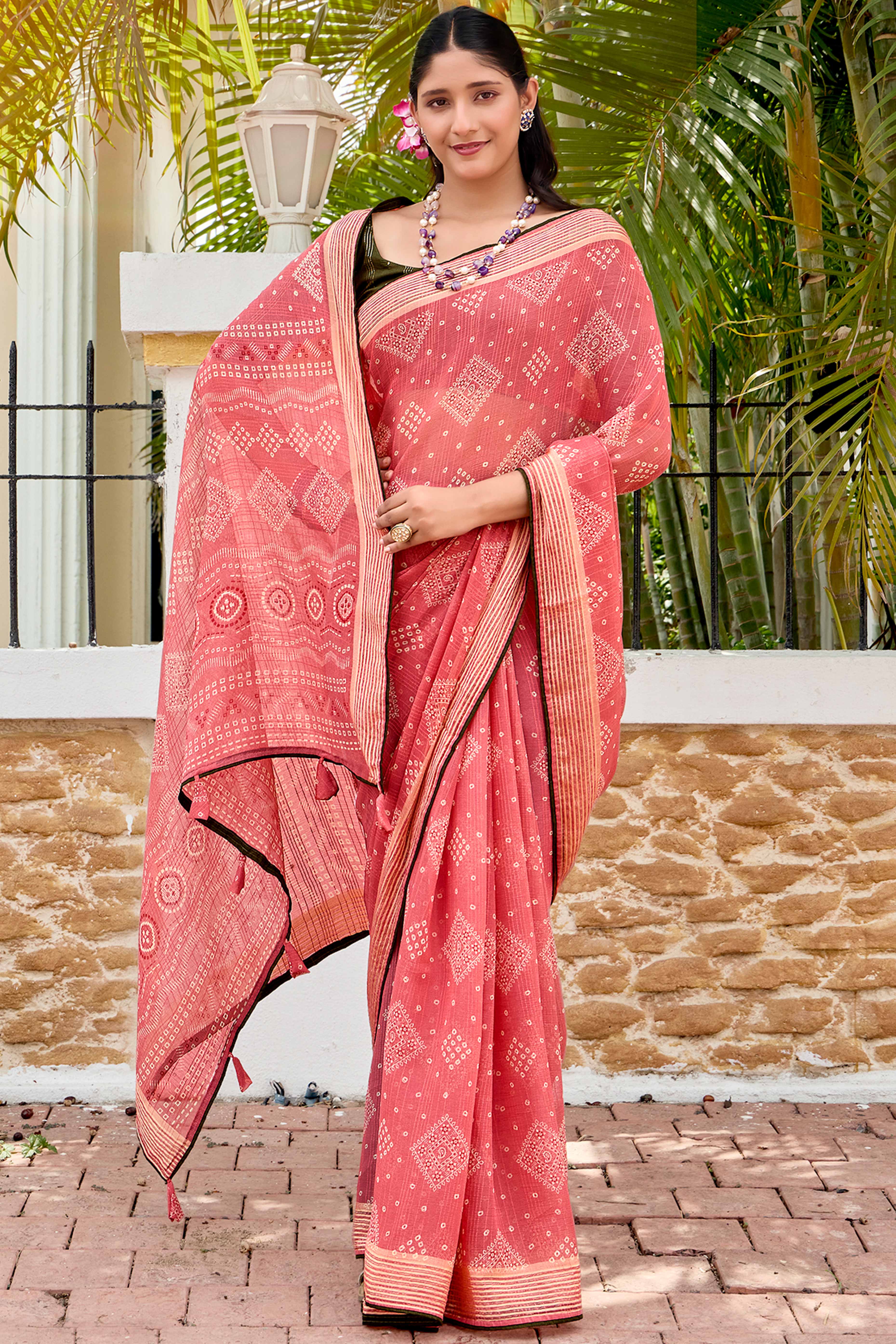 Elegant Peach Bandhani Printed Saree in Lightweight Shimmer Chiffon Fabric