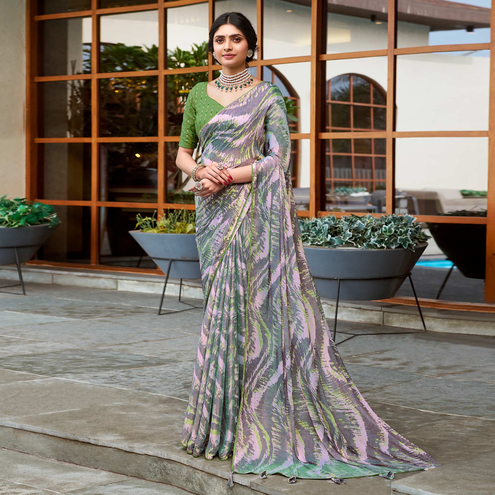 Grey Printed Chiffon Saree With Tassels