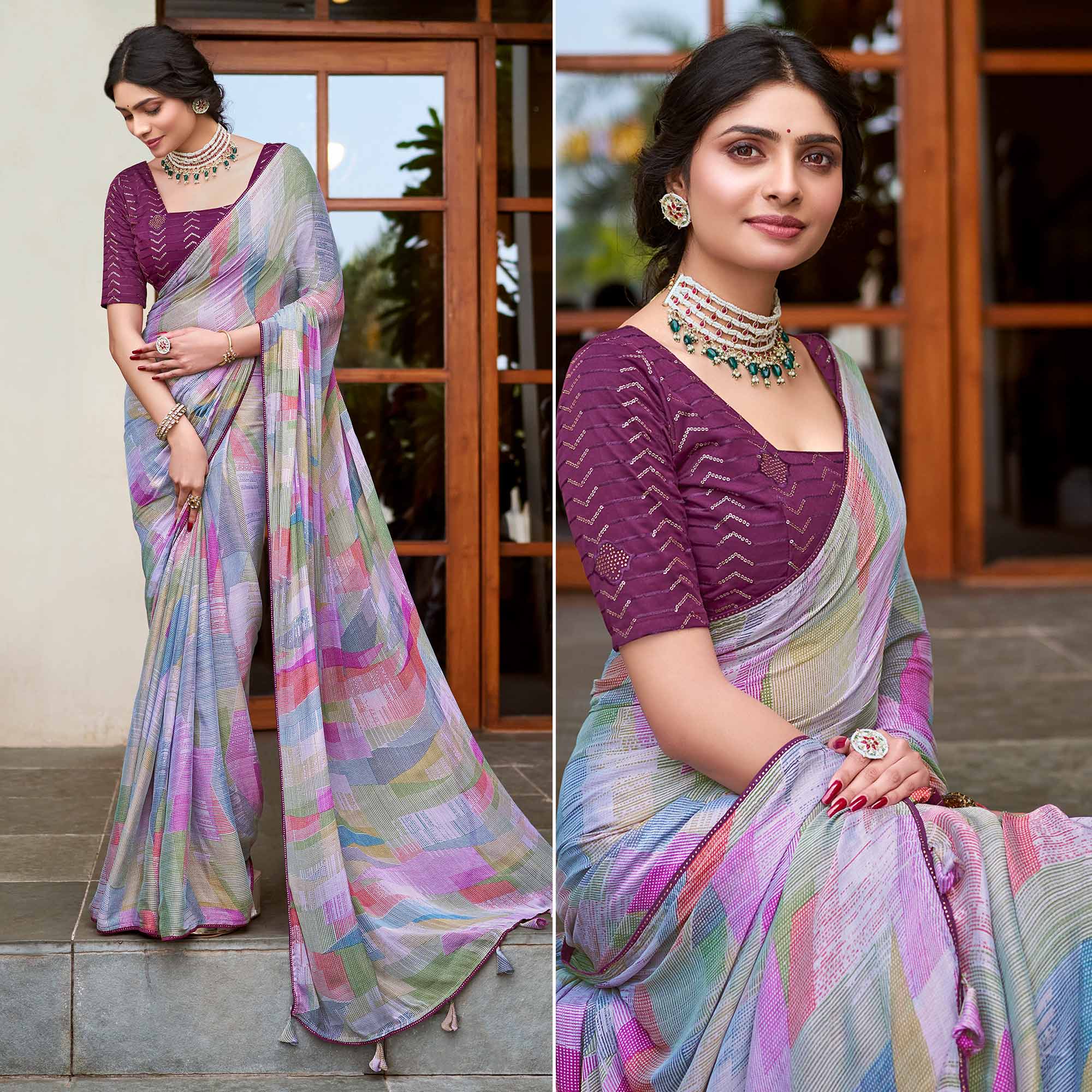 Purple Printed Chiffon Saree With Tassels