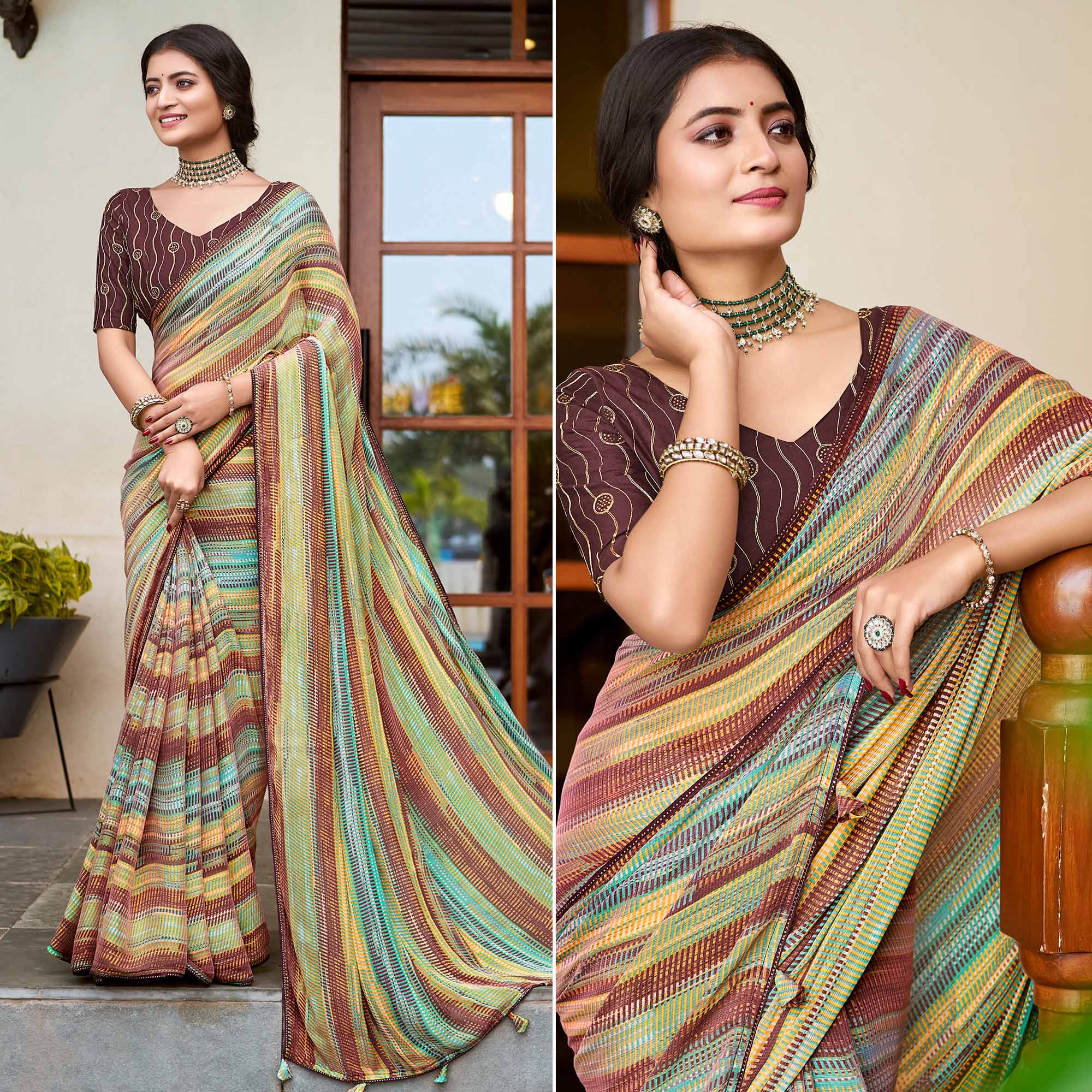 Brown Printed Chiffon Saree With Tassels