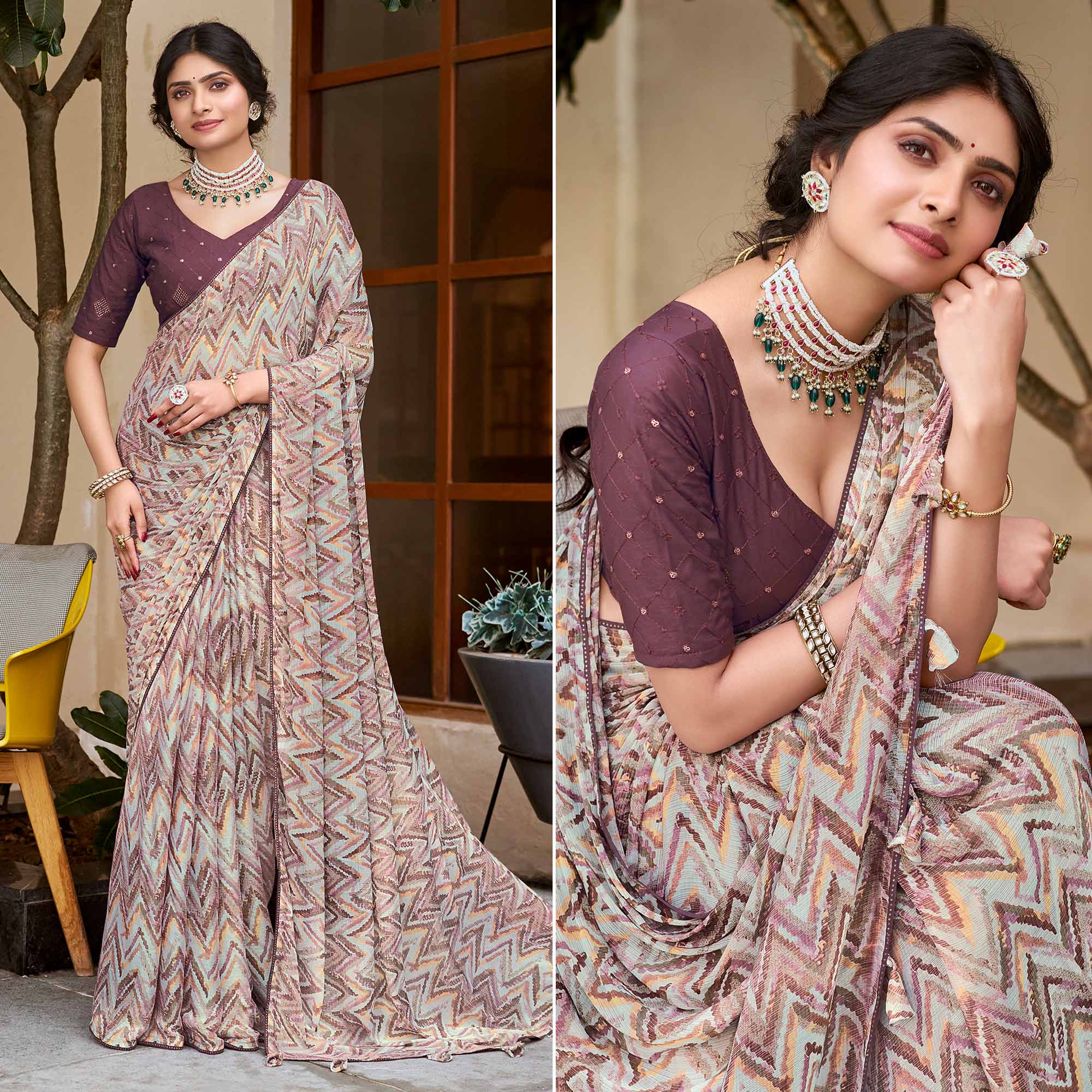 Grey Printed Chiffon Saree With Tassels