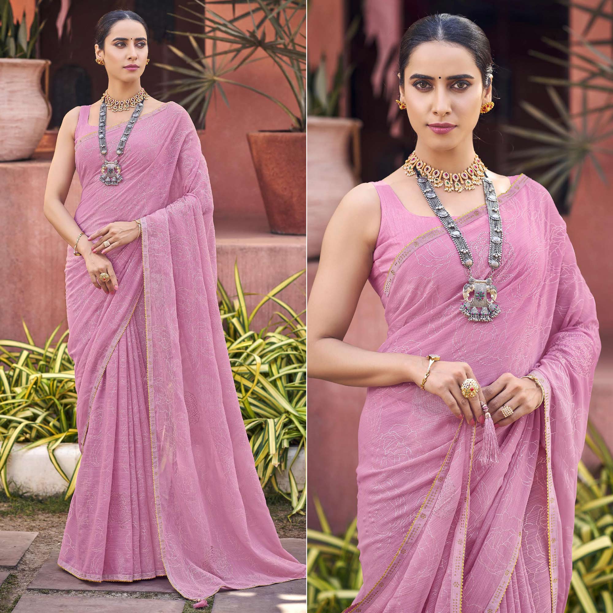 Pink Foil Printed With Swarovski Work Chiffon Saree