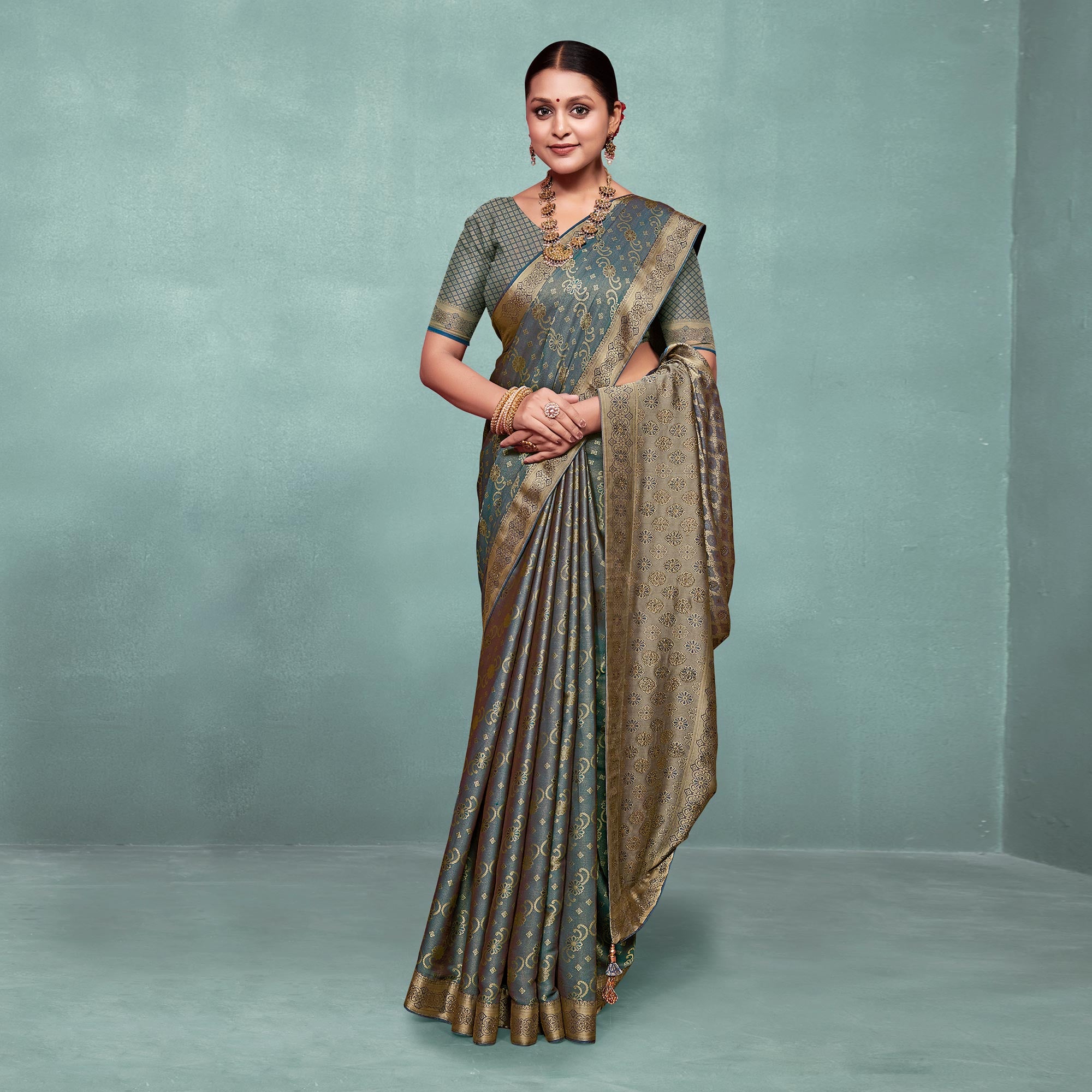 Grey Woven With Swarovski Work Pure Silk Saree