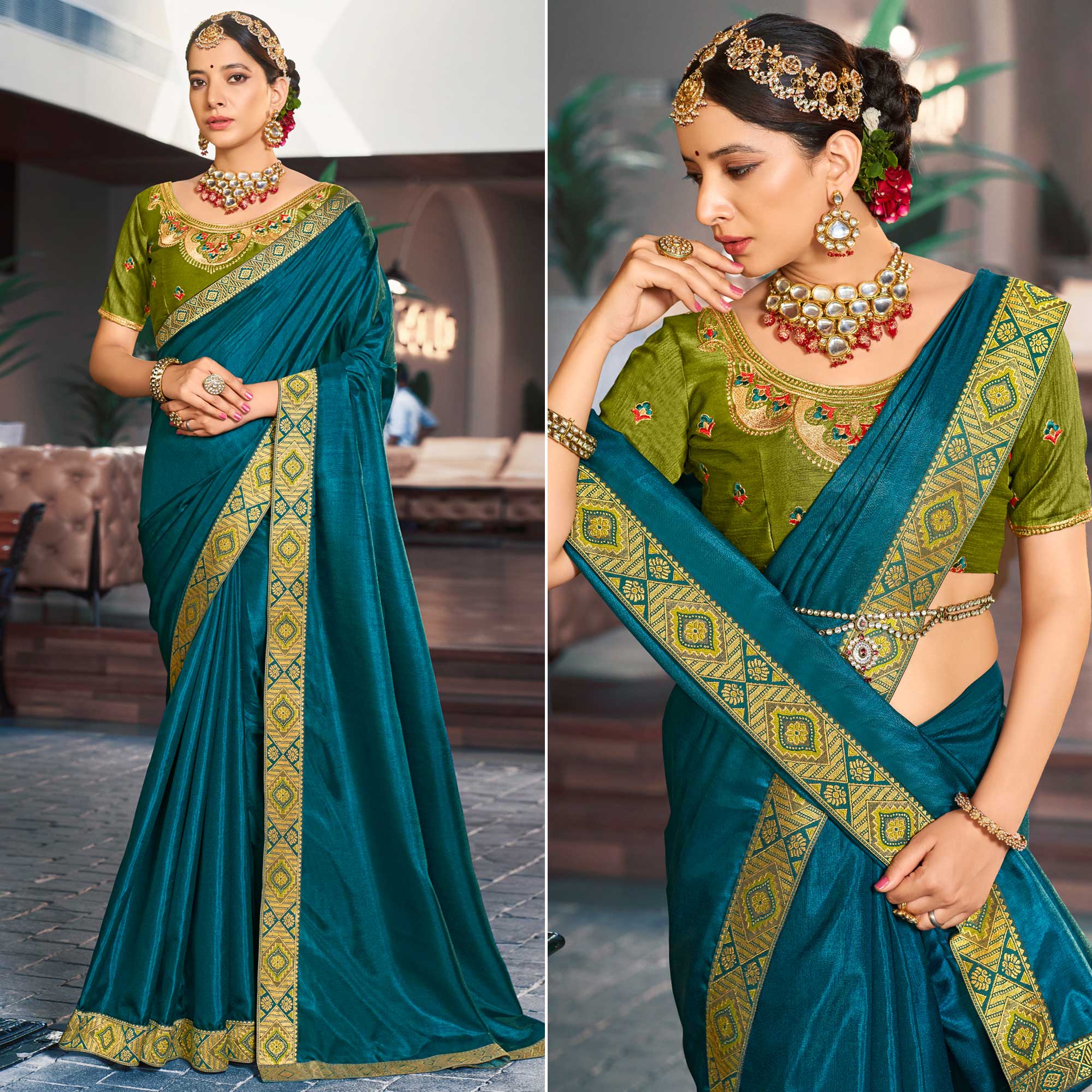 Teal Solid Vichitra Silk With Zari Lace Border