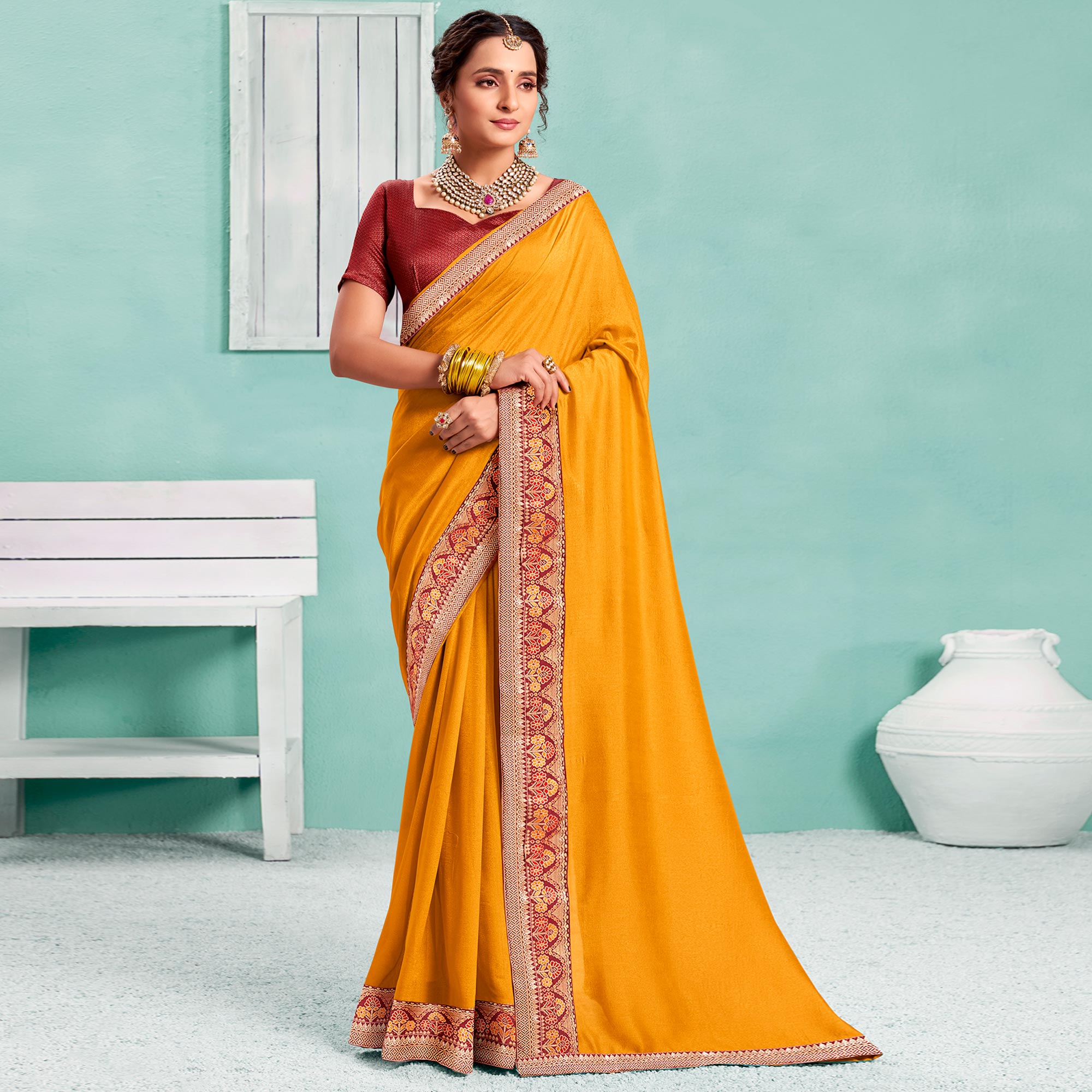 Yellow Solid Vichitra Silk Saree With Zari Border