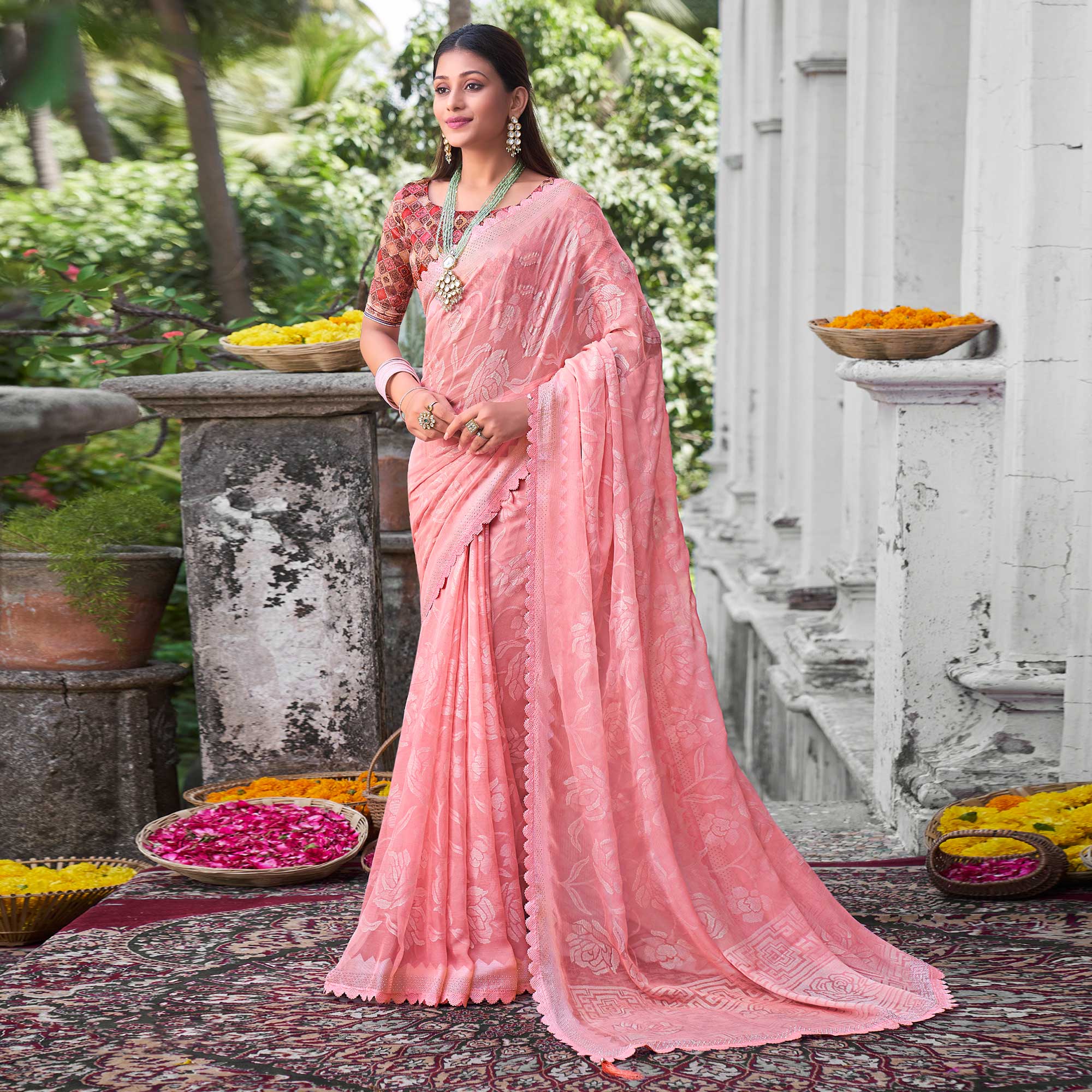 Peach Woven With Swarovski Work Brasso Saree