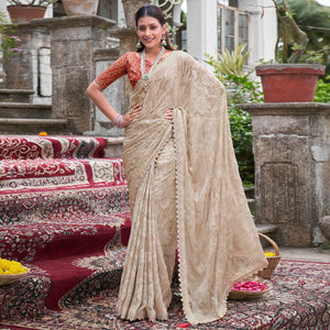 Beige Woven With Swarovski Work Brasso Saree