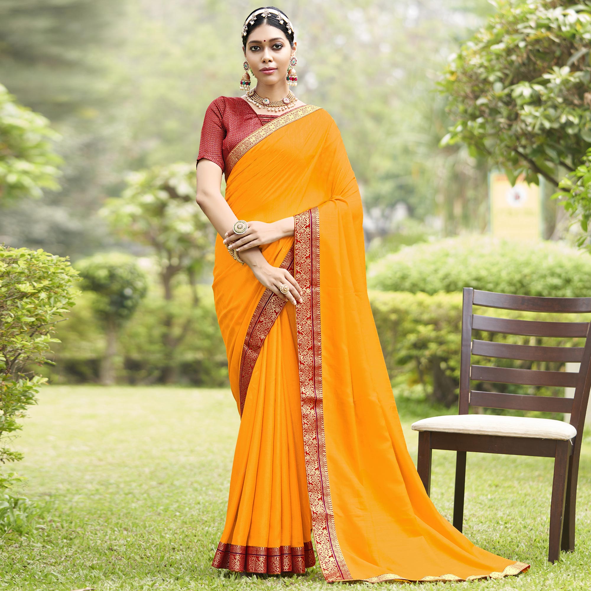 Yellow Solid Vichitra Silk Saree With Jacquard Border