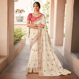 Off white Floral Embroidered Cotton Blend Saree With Tassels