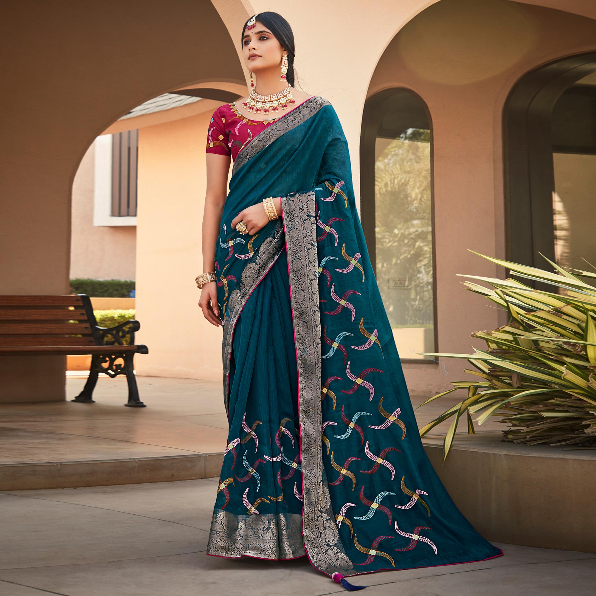 Blue Embroidered Cotton Blend Saree With Tassels