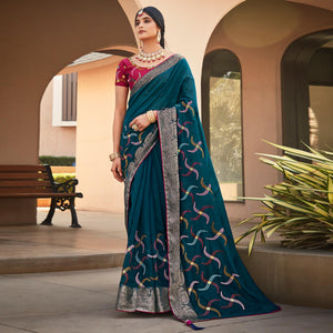 Blue Embroidered Cotton Blend Saree With Tassels