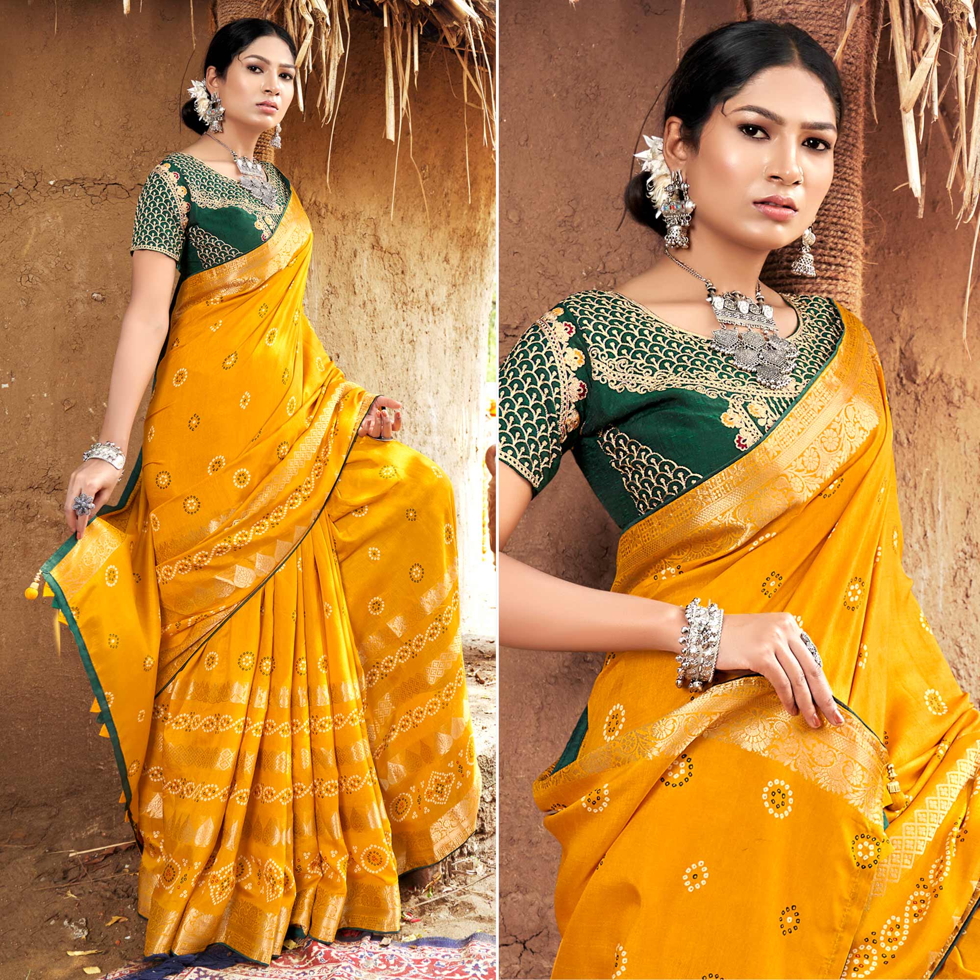Yellow Bandhani Printed Pure Silk Saree